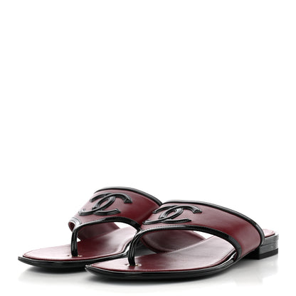 Chanel Lambskin Patent Calfskin CC Thong Sandals 37 Burgundy Black 2 of 9