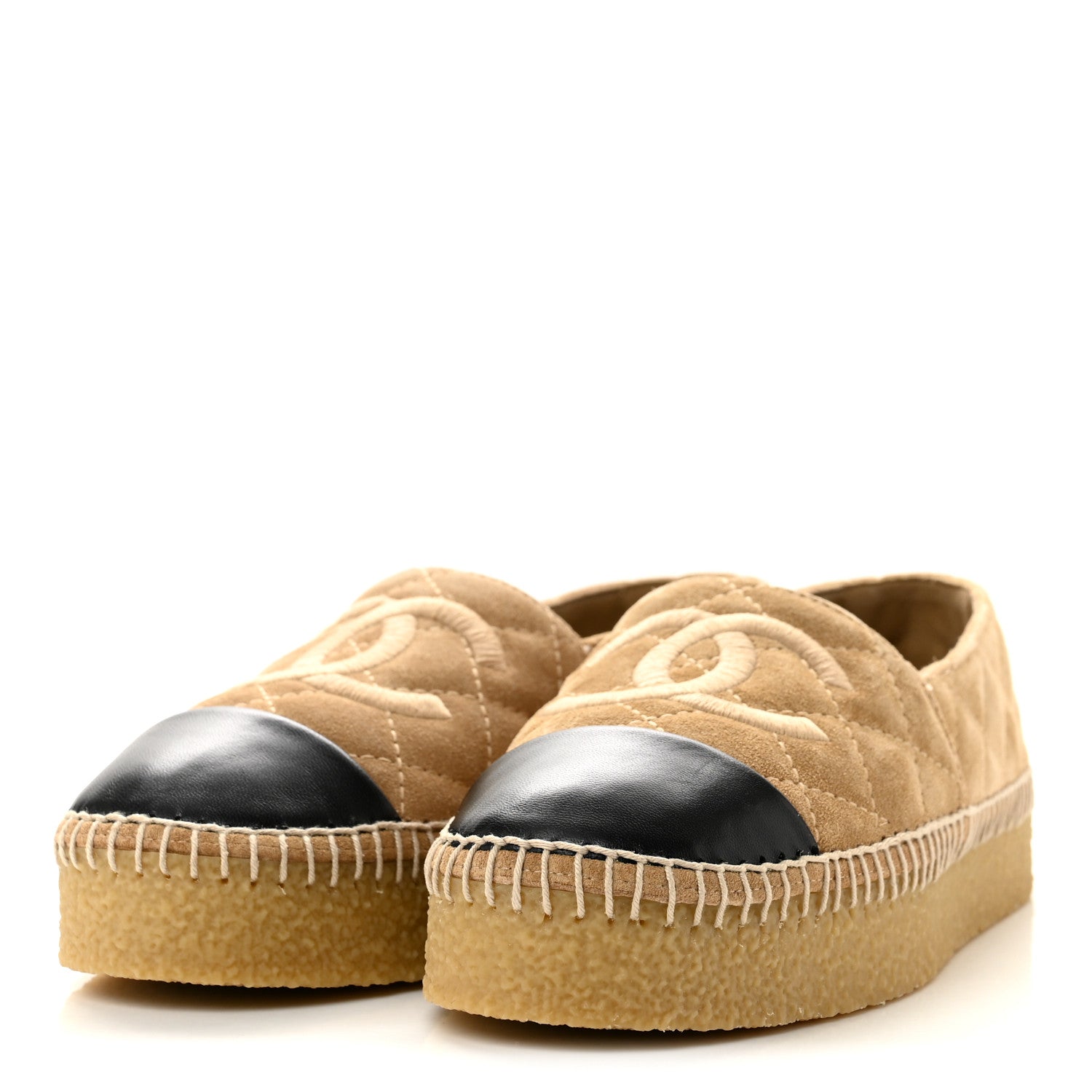 Chanel Suede Quilted CC Platform Espadrilles 39 Beige Black 4 of 10