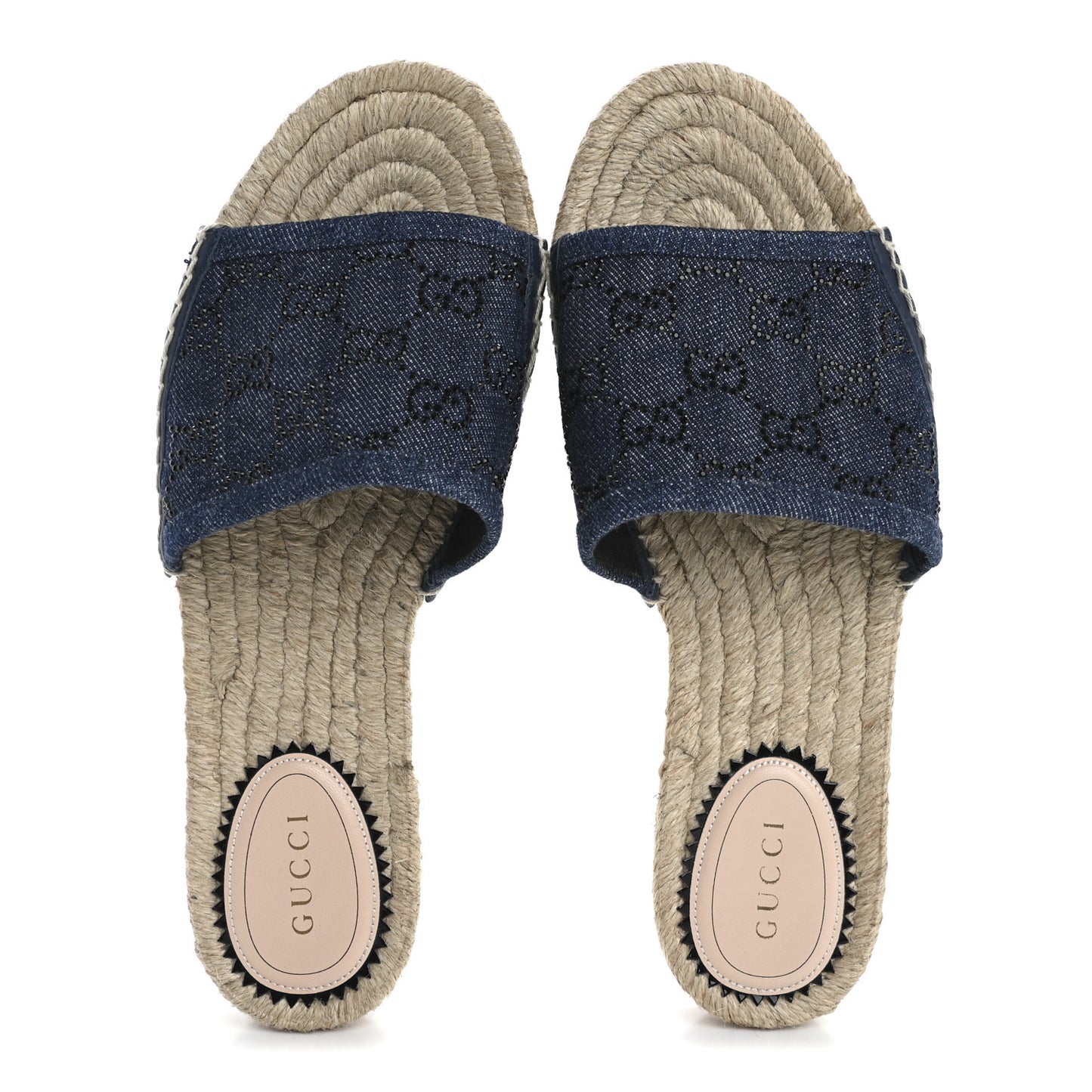 Denim Crystals GG Monogram Espadrille 20mm Slide Sandals 37.5 Denim