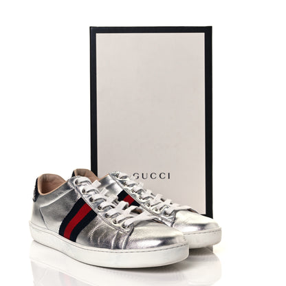 Gucci Metallic Nappa Silk Ayers Web Womens Ace Sneakers 39.5 Silver 17 of 18