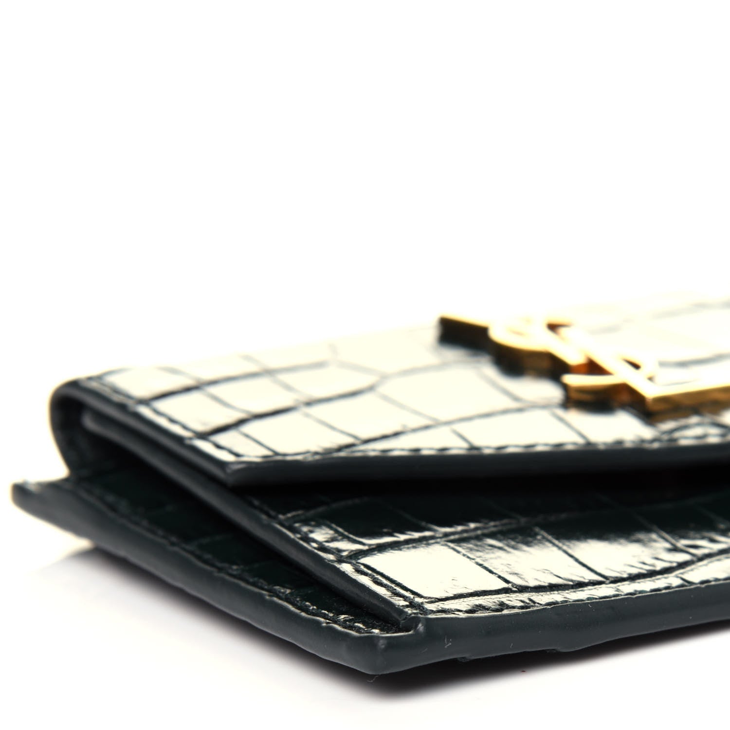 Saint Laurent Calfskin Crocodile Embossed Uptown Monogram Card Case Dark Green 8 of 12