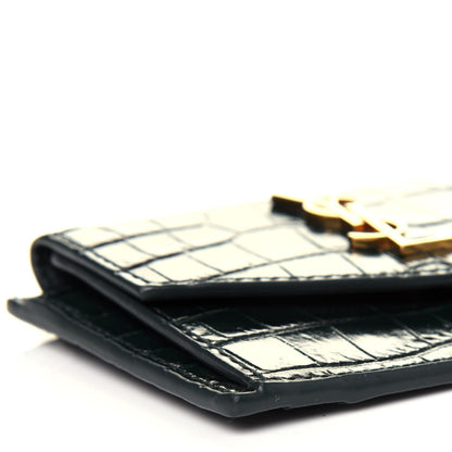 Saint Laurent Calfskin Crocodile Embossed Uptown Monogram Card Case Dark Green 8 of 12