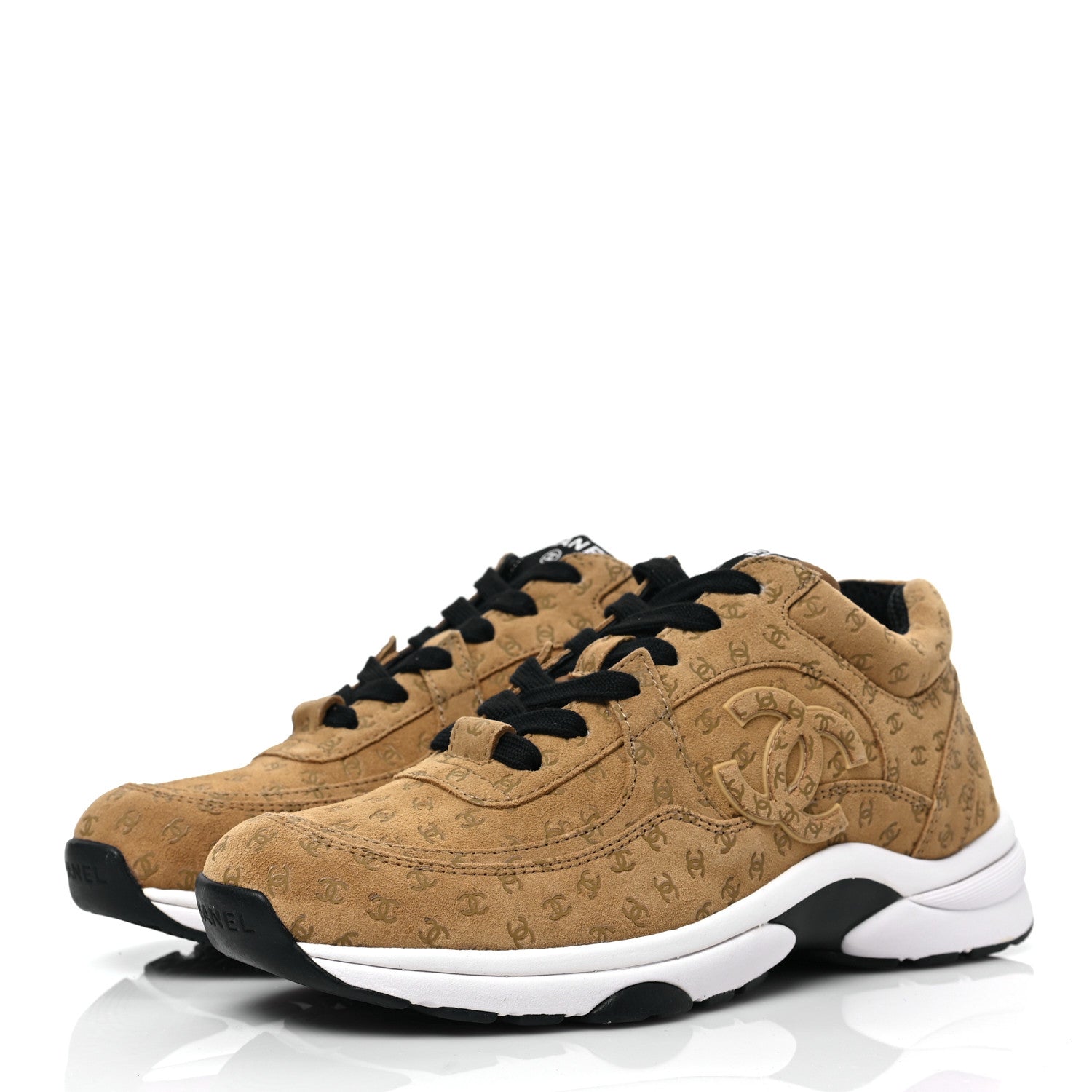 Chanel Nylon Suede Calfskin Printed CC Sneakers 37.5 Beige 3 of 7