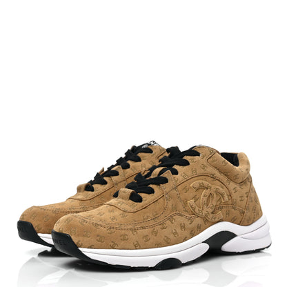 Chanel Nylon Suede Calfskin Printed CC Sneakers 37.5 Beige 3 of 7