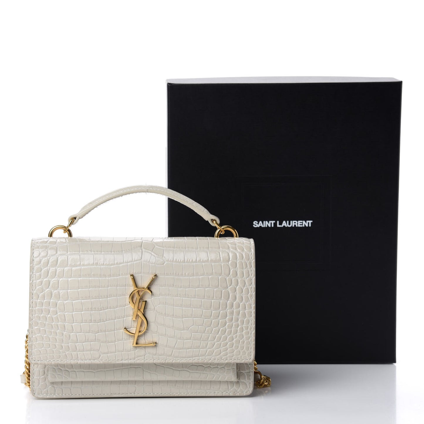 Calfskin Crocodile Embossed Monogram Sunset Chain Wallet Blanc Vintage