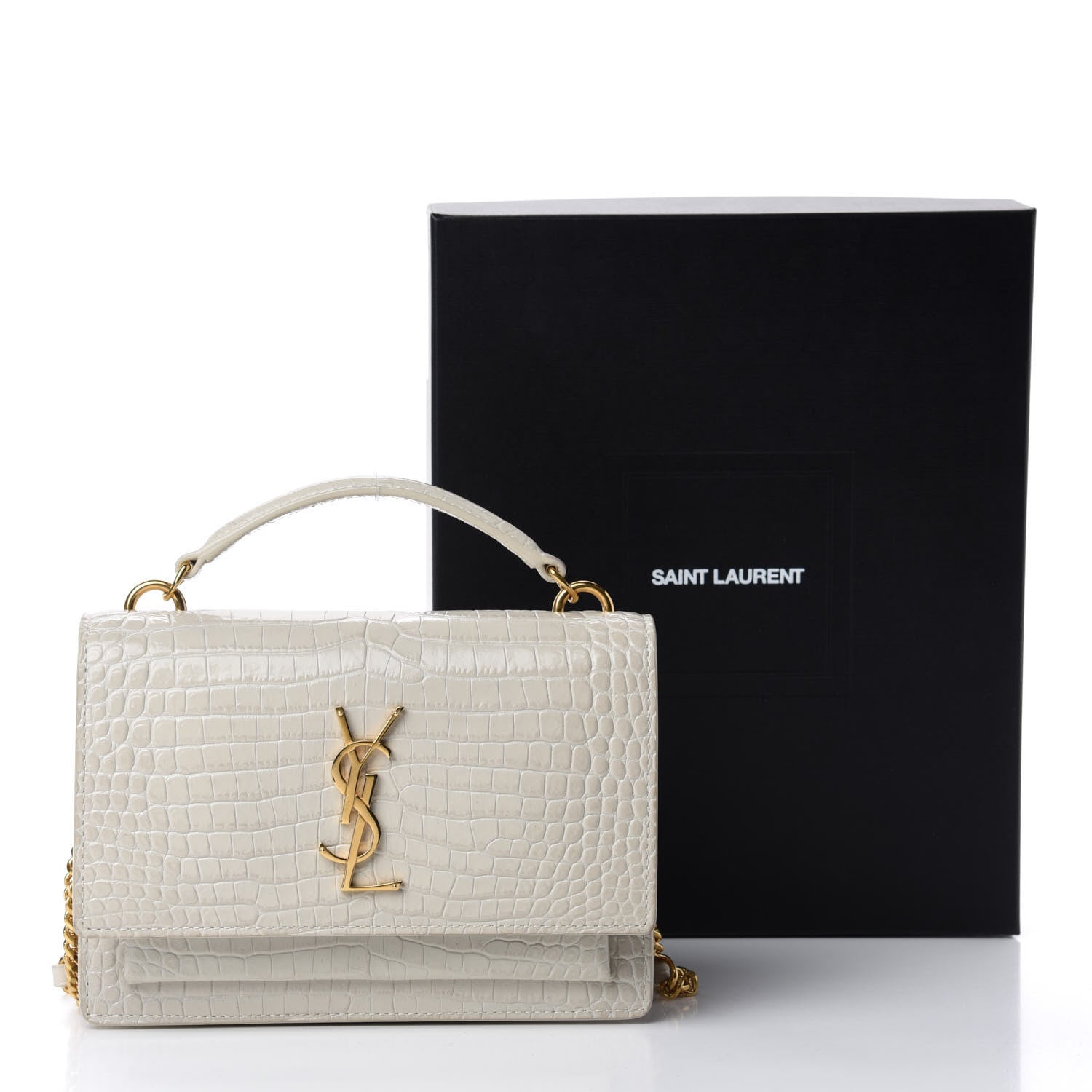 Saint Laurent Calfskin Crocodile Embossed Monogram Sunset Chain Wallet Blanc Vintage 11 of 11