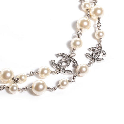 Chanel Crystal Pearl CC Long Necklace Silver 3 of 6