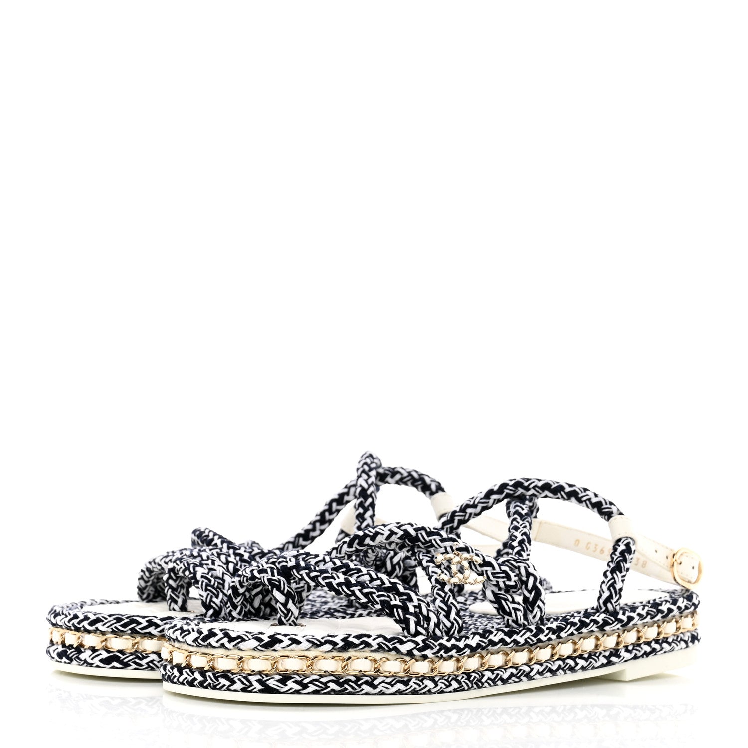 Chanel Lambskin Cord Chain CC Sandals 38 Navy Blue White 3 of 16