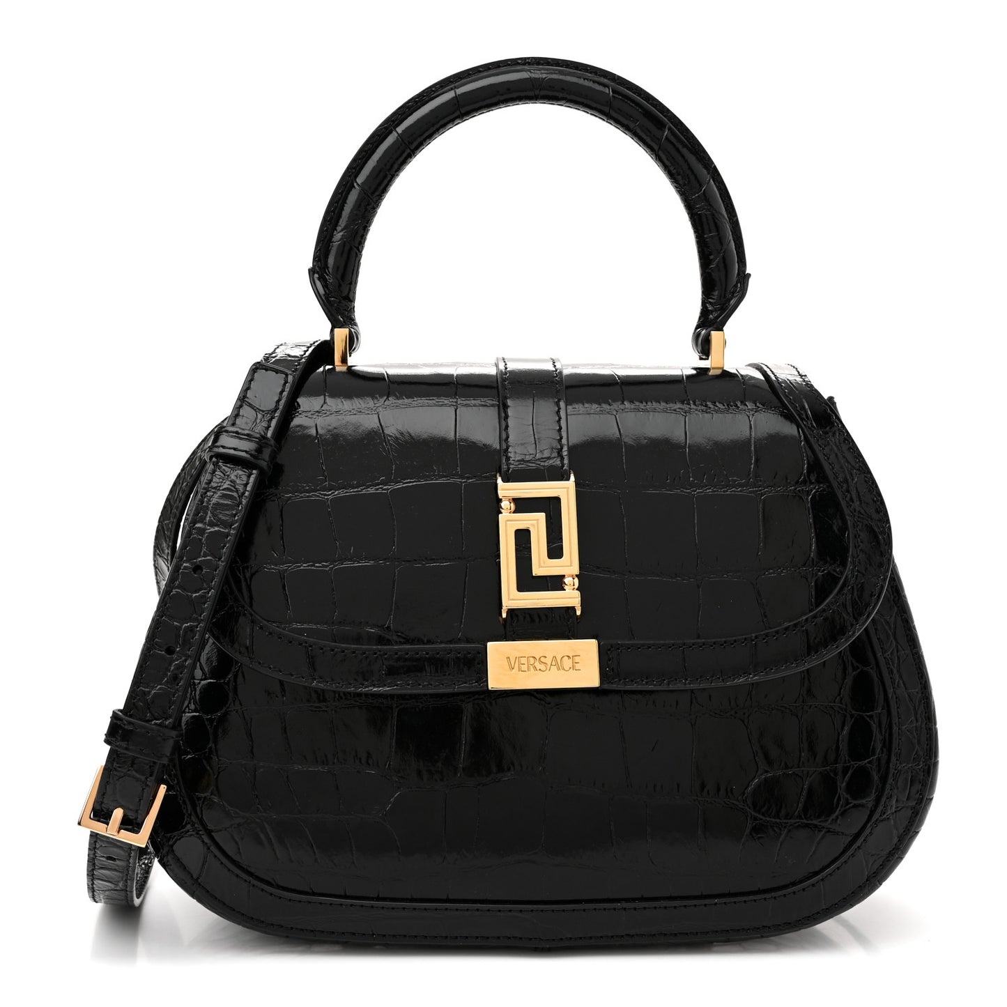 Calfskin Crocodile Embossed Greca Goddess Top Handle Bag Black