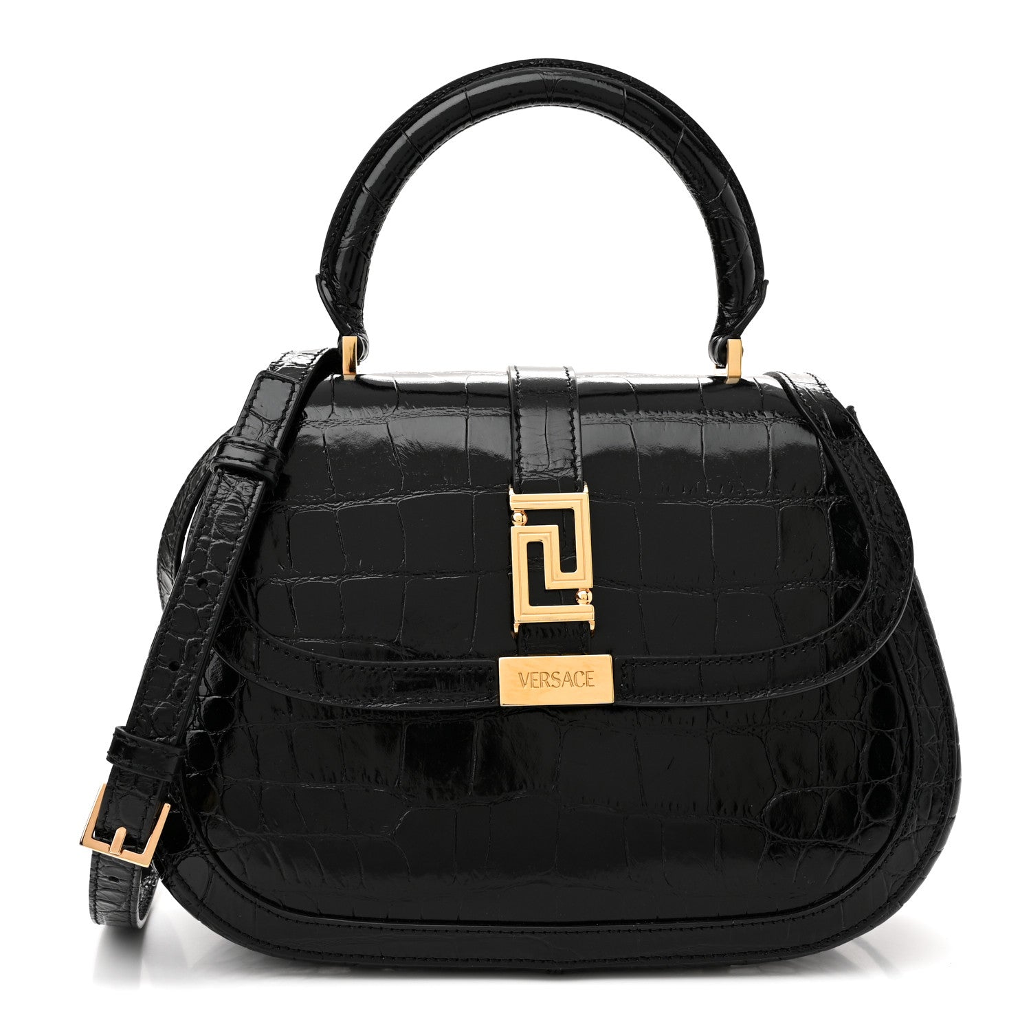 Versace Calfskin Crocodile Embossed Greca Goddess Top Handle Bag Black 1 of 11