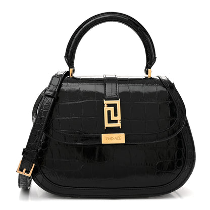 Versace Calfskin Crocodile Embossed Greca Goddess Top Handle Bag Black 1 of 11