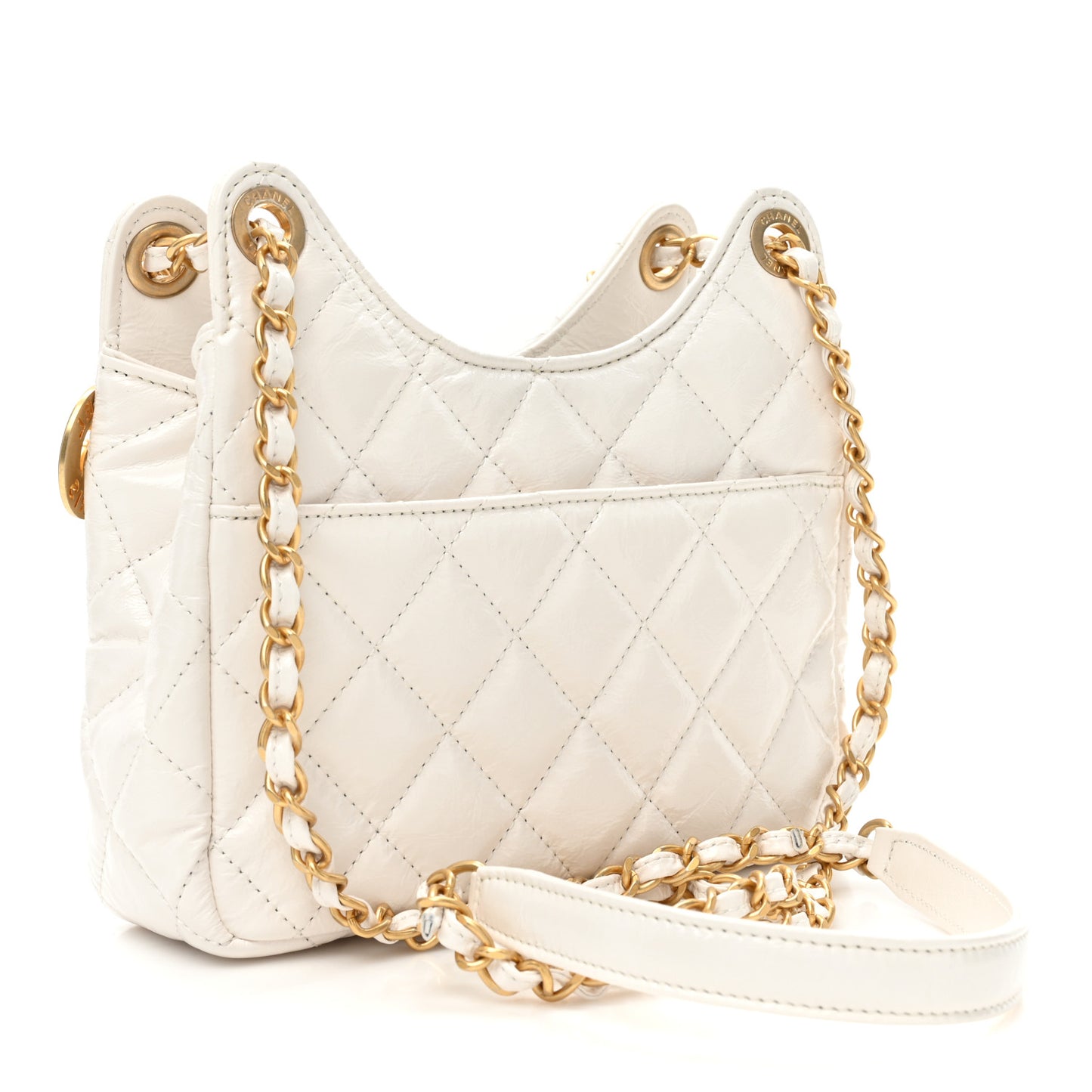Shiny Crumpled Calfskin Quilted Small Wavy CC Hobo White