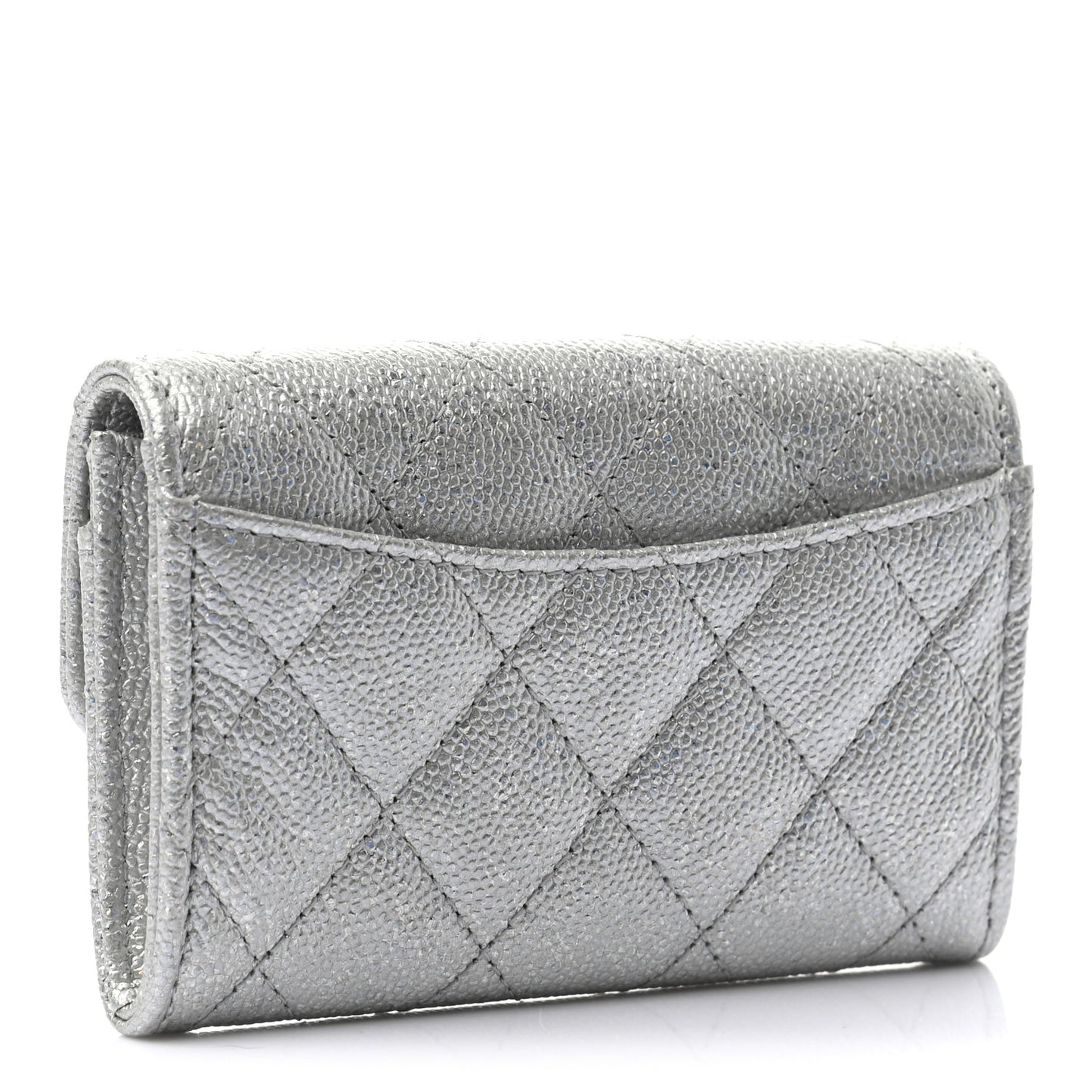 Glittered Metallic Caviar Quilted Flap Card Holder Wallet Silver