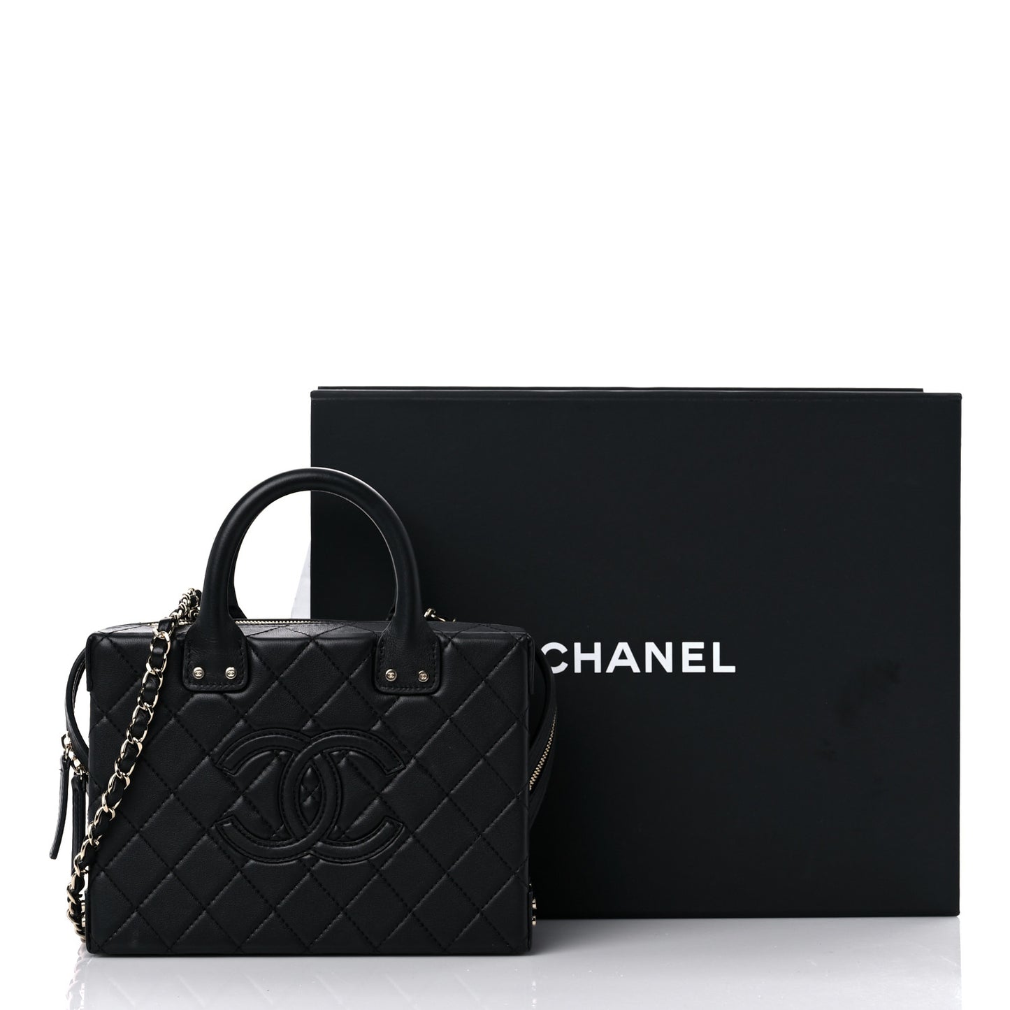 Calfskin Quilted Studded Square Vanity Case Black