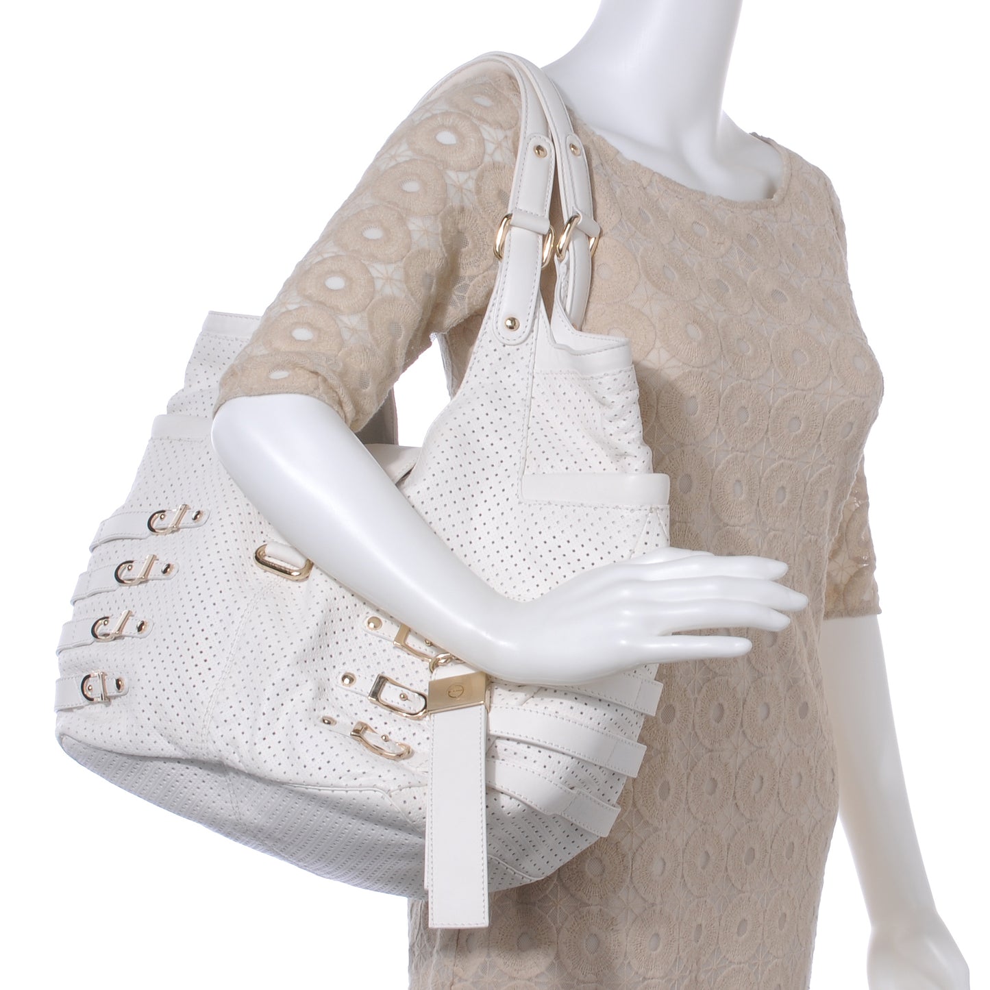 Leather Perforated Bree Bag White