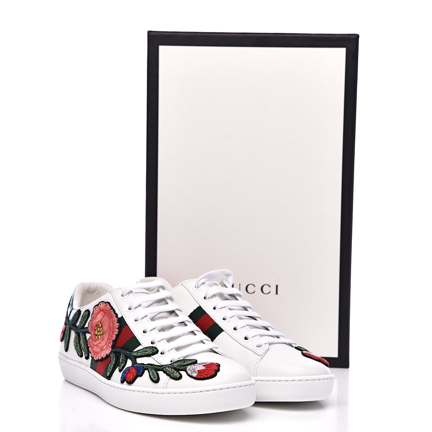 Calfskin Web Floral Embroidered Womens Ace Sneakers 36 White