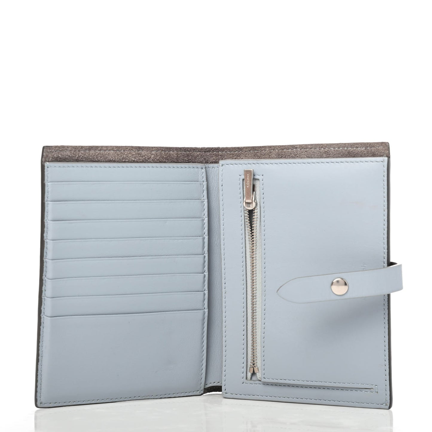 Grained Calfskin Medium Multifunction Strap Wallet Grey Blue