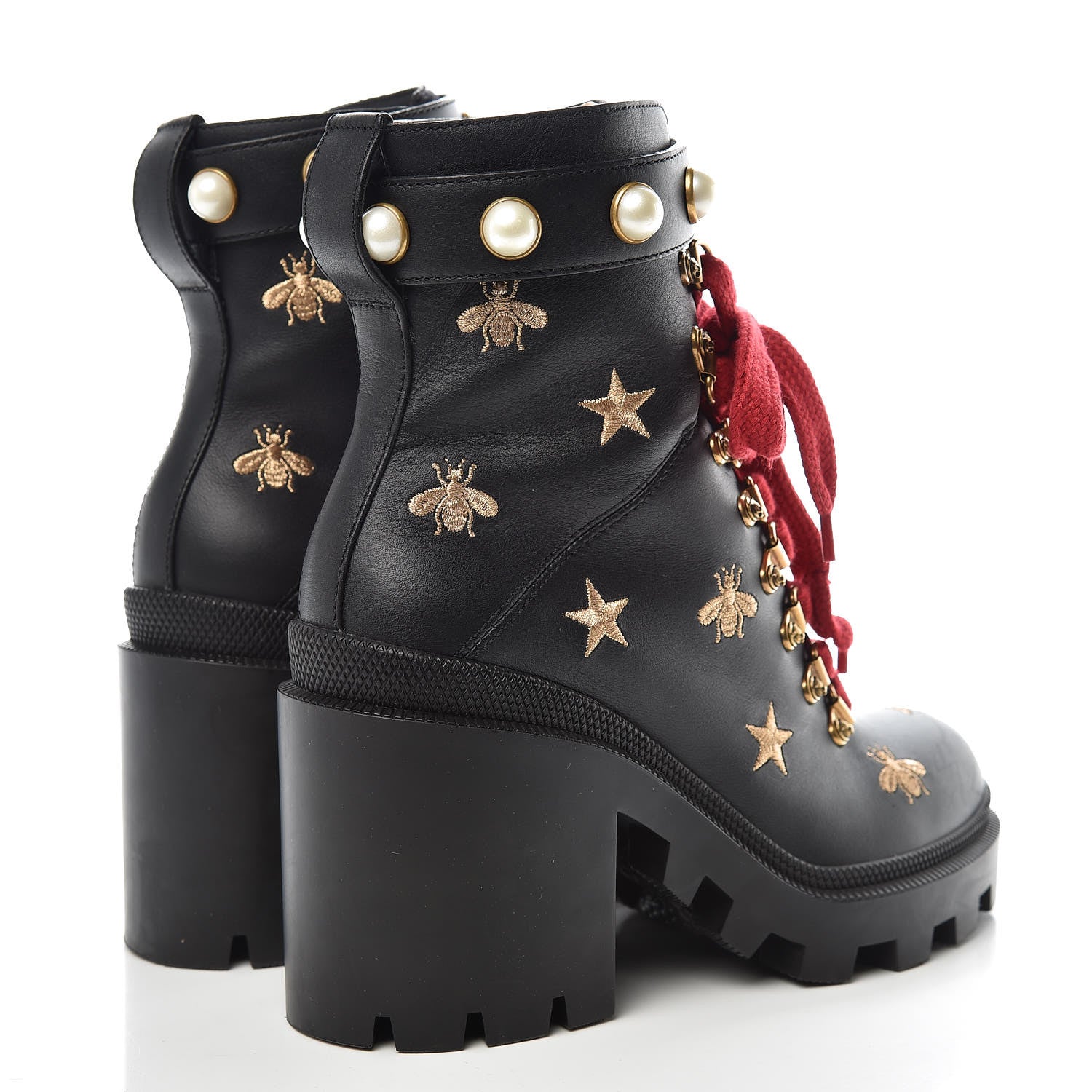 Gucci Calfskin Embroidered Lace Up Combat Ankle Boots 36.5 Black 4 of 8