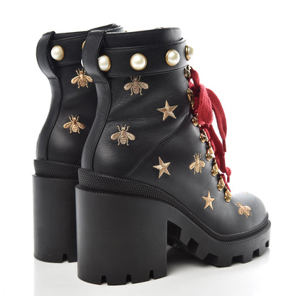 Gucci Calfskin Embroidered Lace Up Combat Ankle Boots 36.5 Black 4 of 8