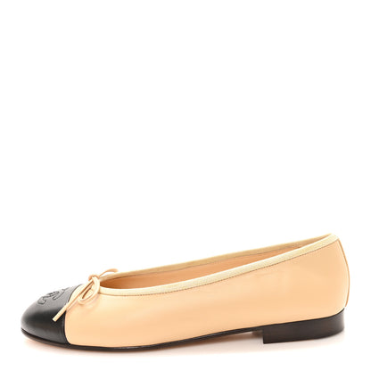 Chanel Lambskin Cap Toe CC Ballerina Flats 37.5 Beige Black 1 of 10