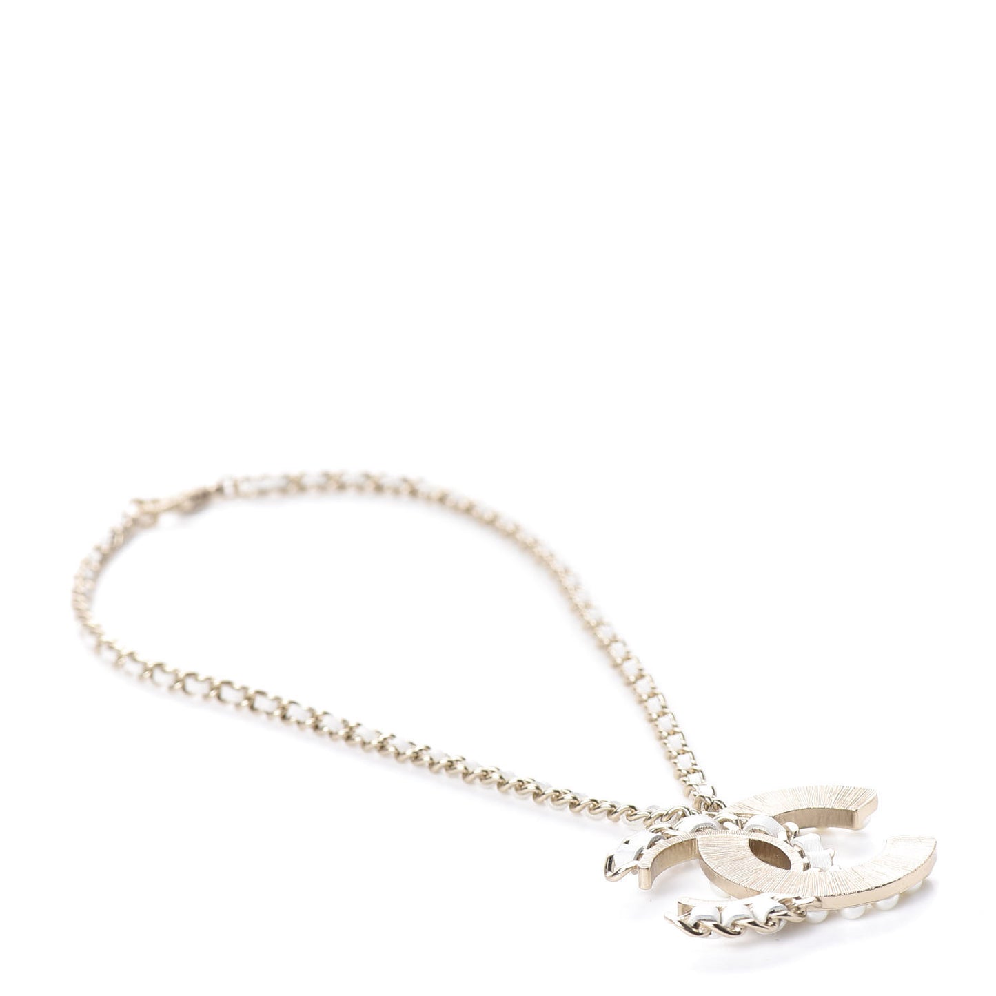Pearl Crystal Lambskin Chain CC Necklace White Gold