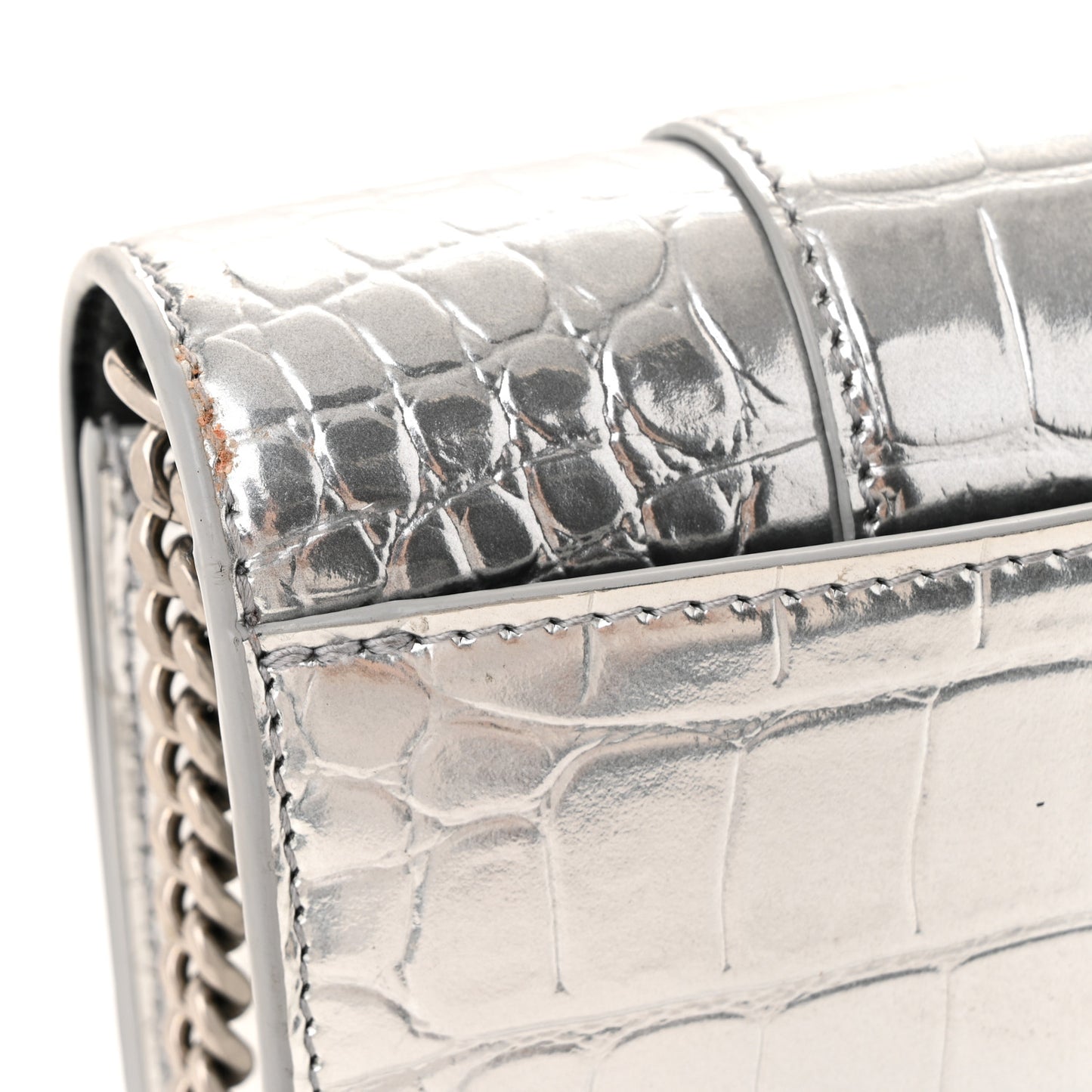 Metallic Calfskin Crocodile Embossed Hourglass Chain Bag Silver