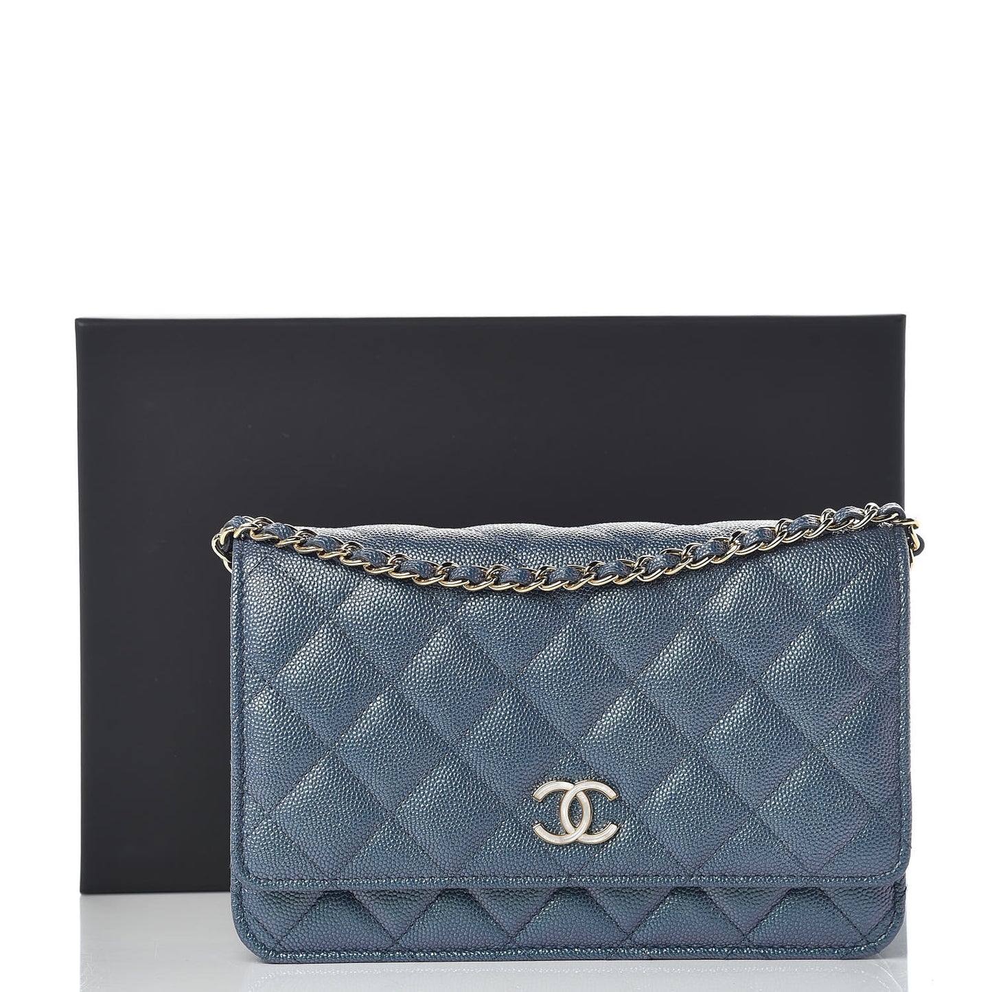 Iridescent Caviar Quilted Wallet on Chain WOC Dark Blue