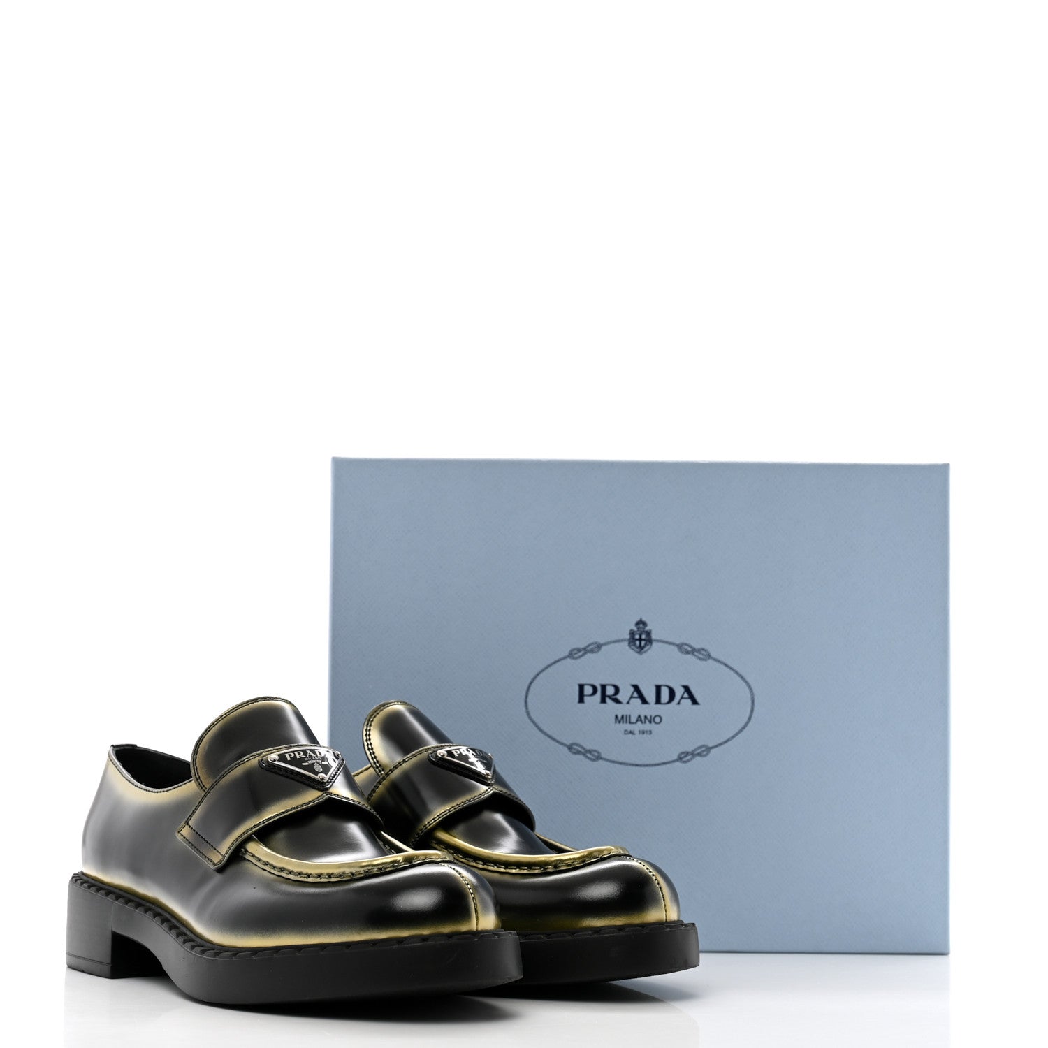 Prada Spazzolato Sfumato Metal Triangle Logo 50mm Loafers