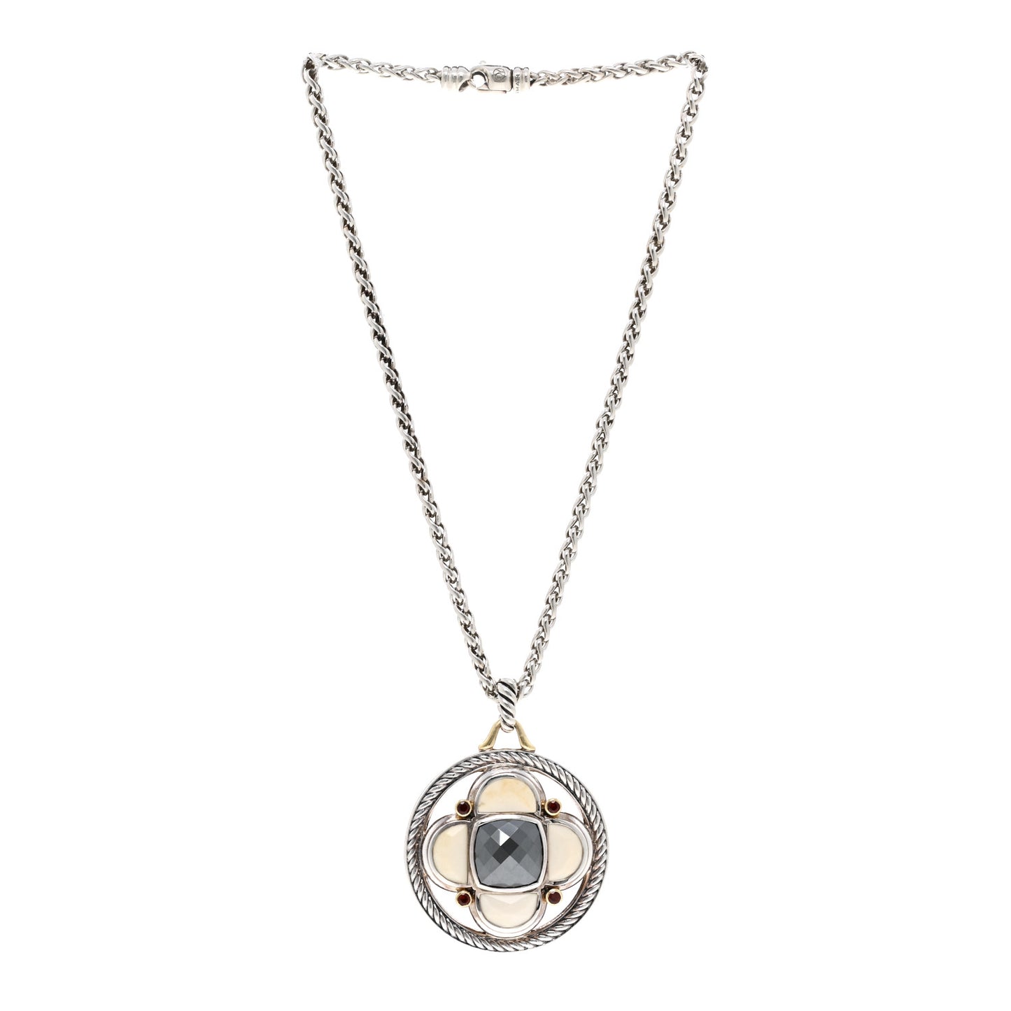 Sterling Silver 18K Yellow Gold White Agate Hematite Garnet Half Moon Renaissance Enhancer Pendant Necklace