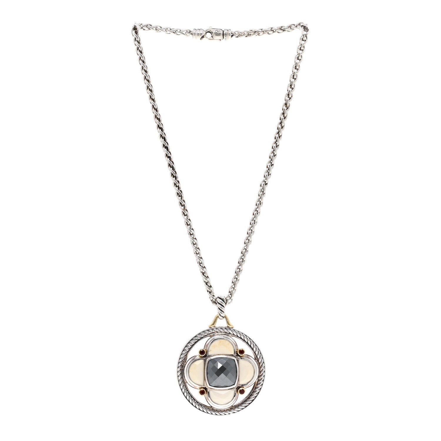 David Yurman Sterling Silver 18K Yellow Gold White Agate Hematite Garnet Half Moon Renaissance Enhancer Pendant Necklace 3 of 4