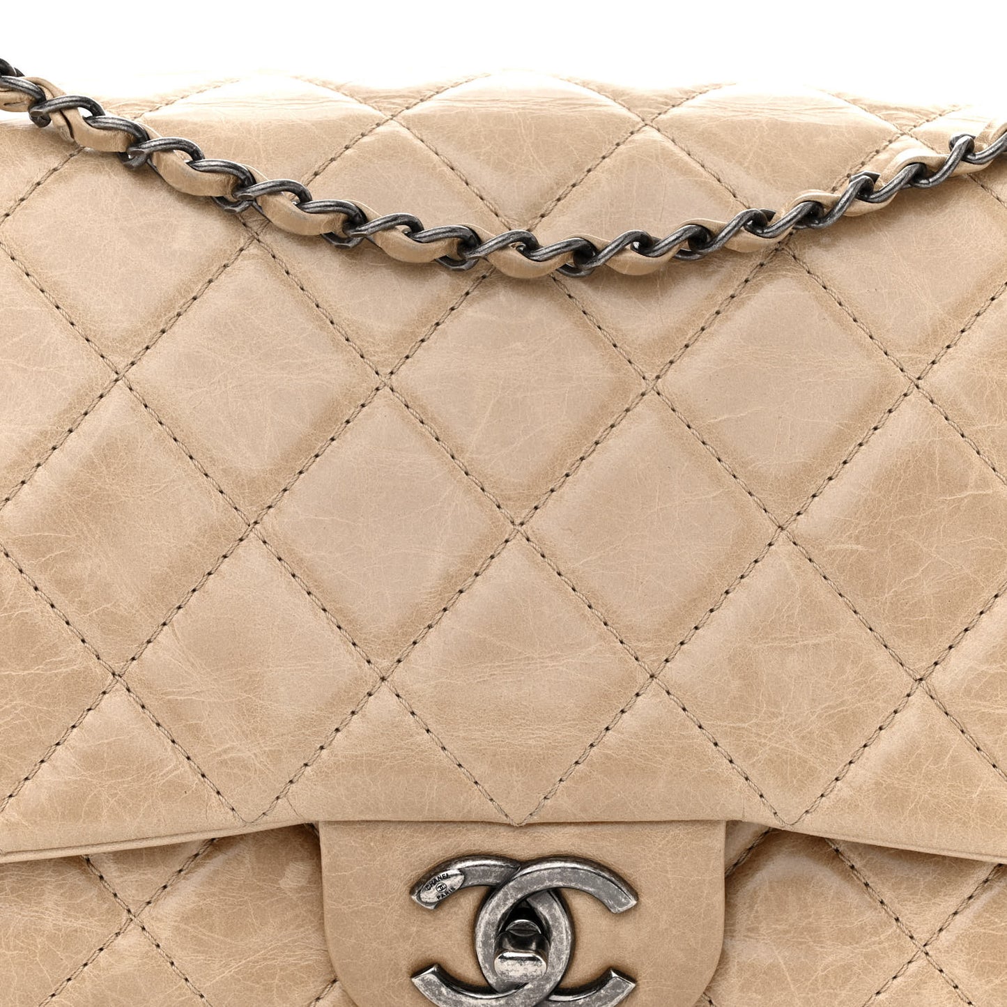 Glazed Calfskin Quilted Large Coco Soft Flap Beige