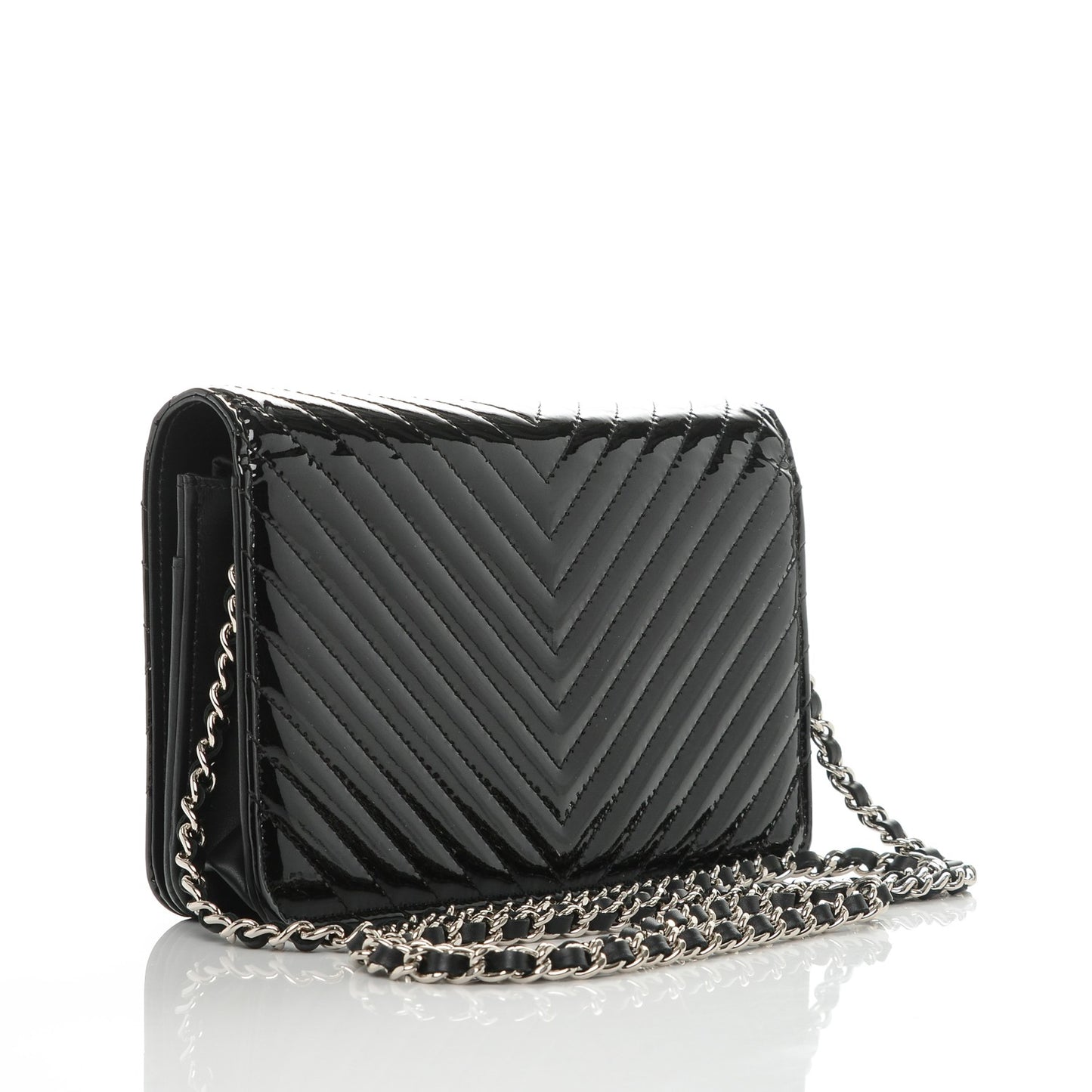 Patent Chevron Quilted CC Wallet On Chain WOC Black