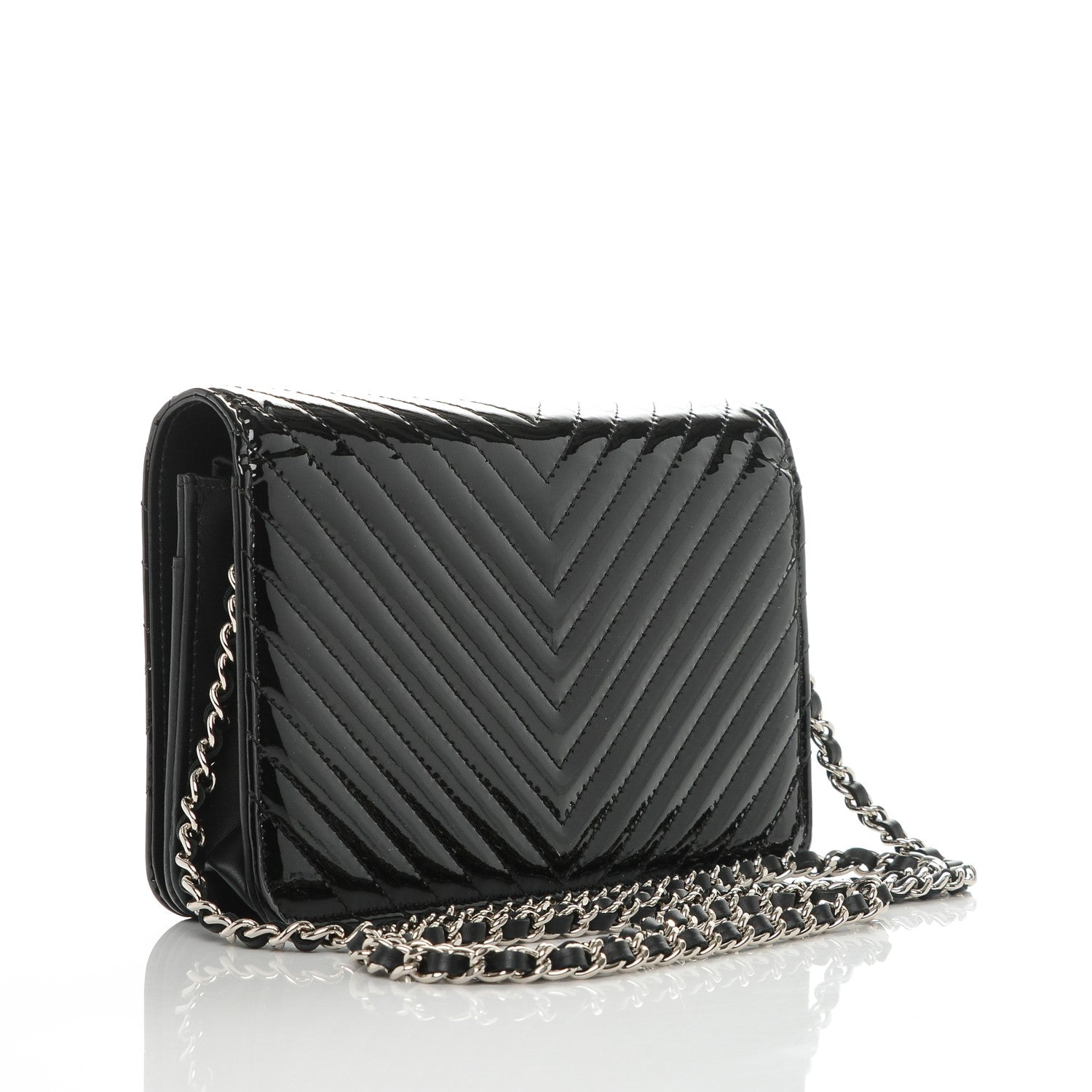 Chanel Patent Chevron Quilted CC Wallet On Chain WOC Black 3 of 8