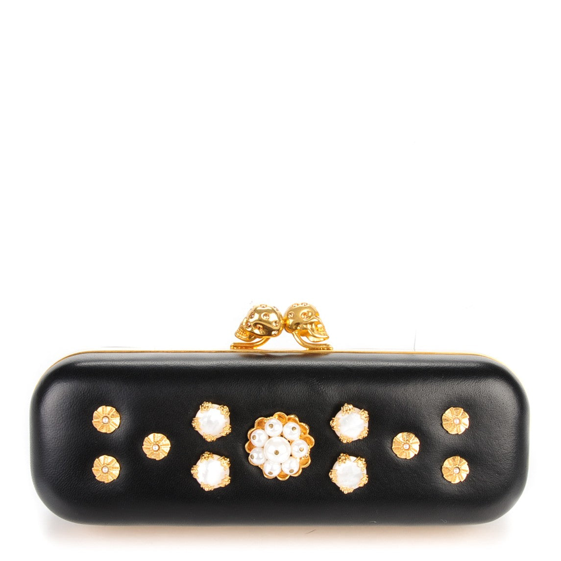 Nappa Pearl Embellished Twin Skull Box Clutch Black