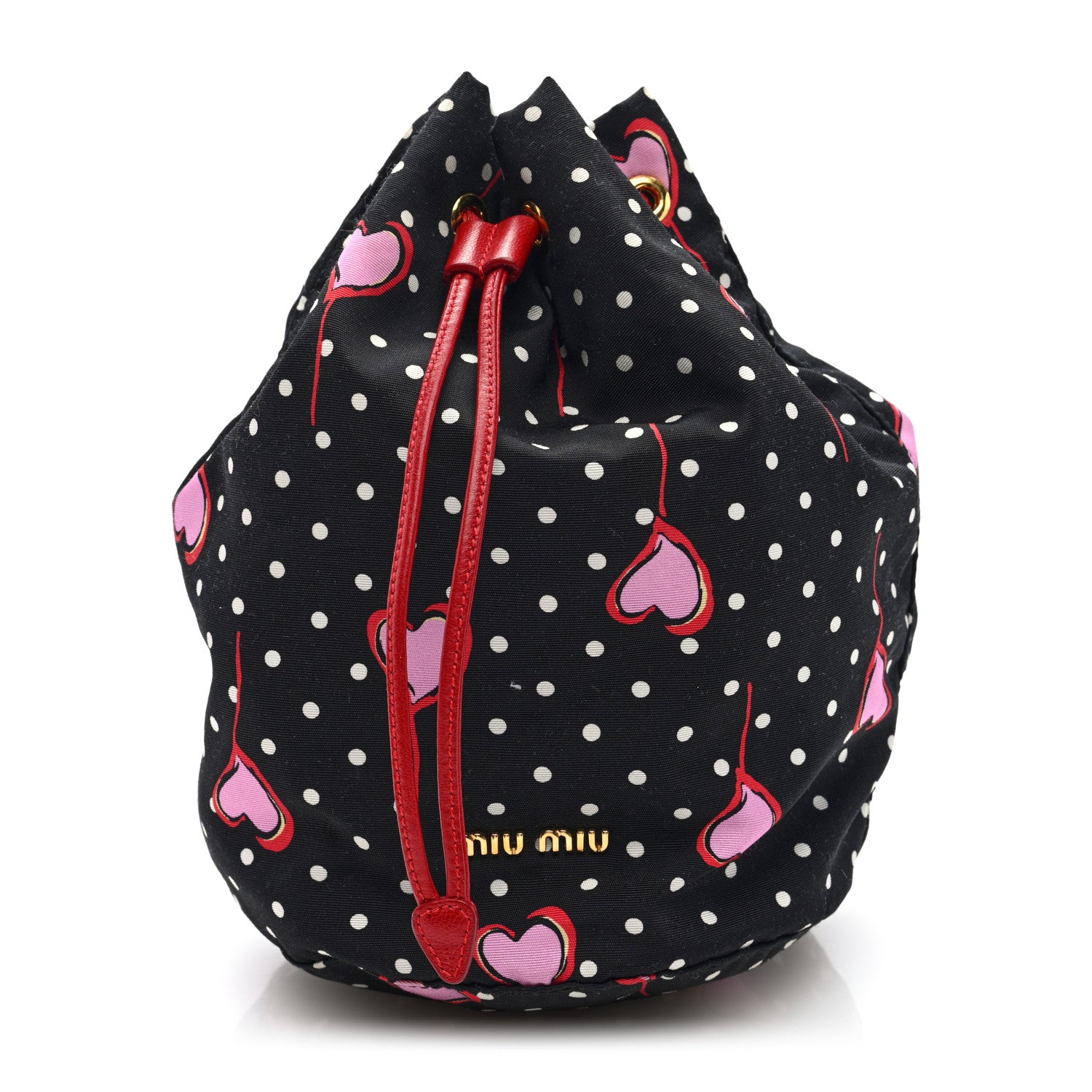 Miu Miu Nylon Polka Dots Heart Print Drawstring Pouch Black Multicolor 1 of 6