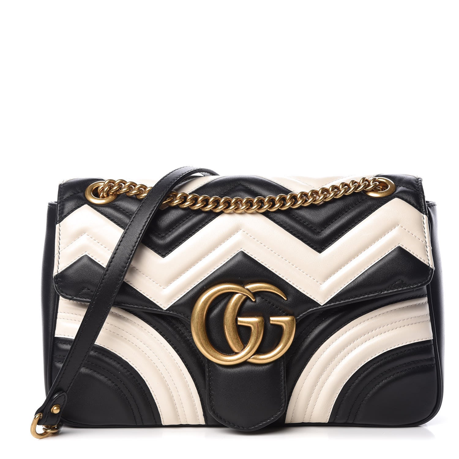 Gucci Calfskin Matelasse Medium GG Marmont Shoulder Bag Black White 1 of 14