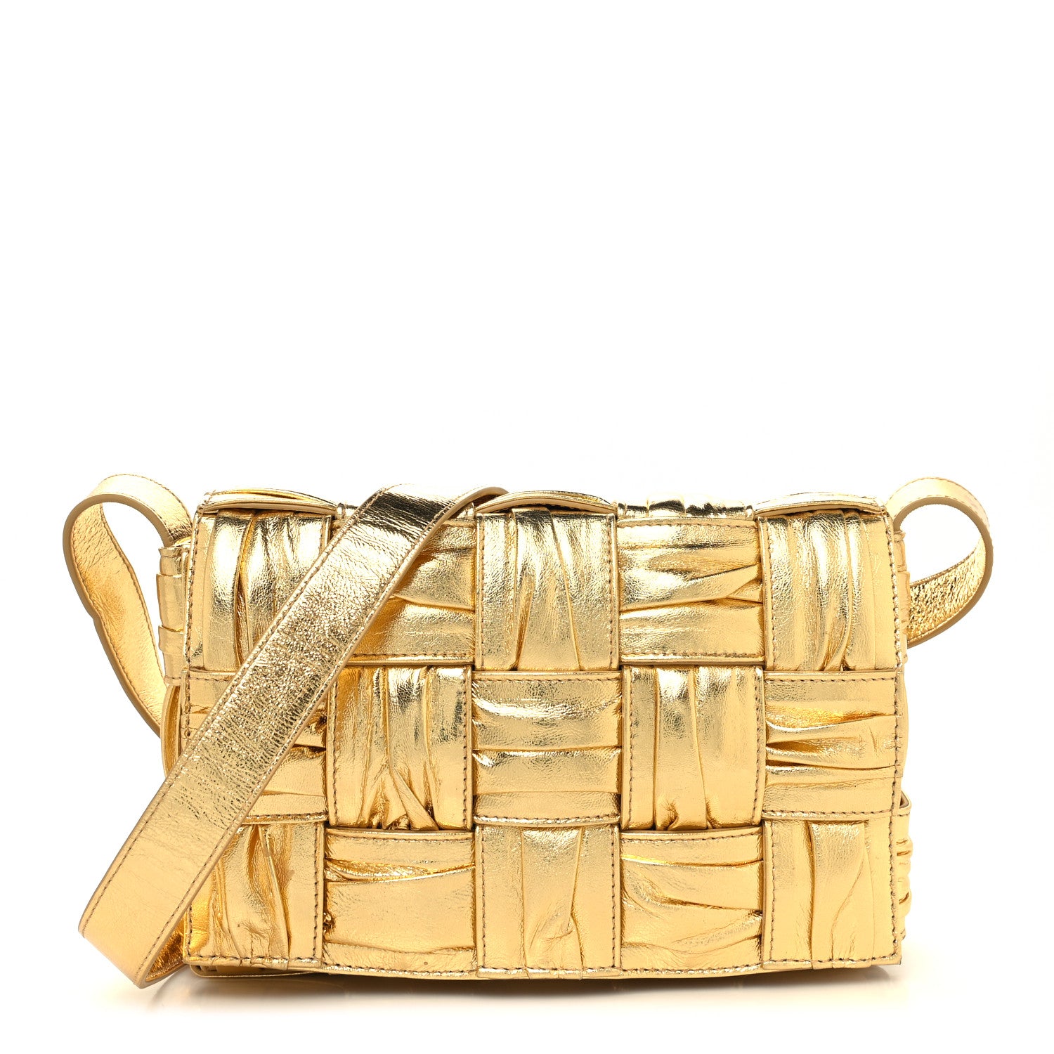 Bottega Veneta Metallic Calfskin Intreccio Plisse Cassette Crossbody Bag Gold 1 of 10