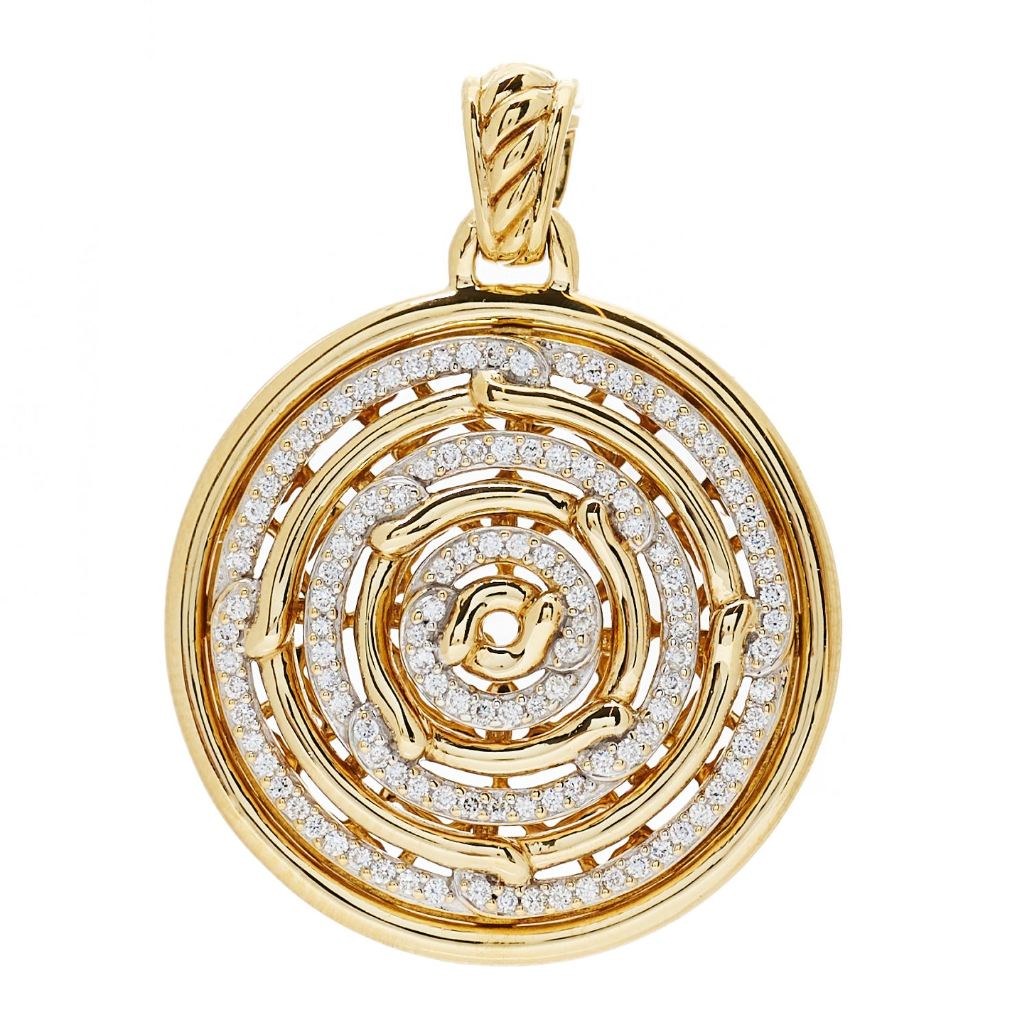 18K Yellow Gold Diamond Labyrinth Disc Enhancer Pendant