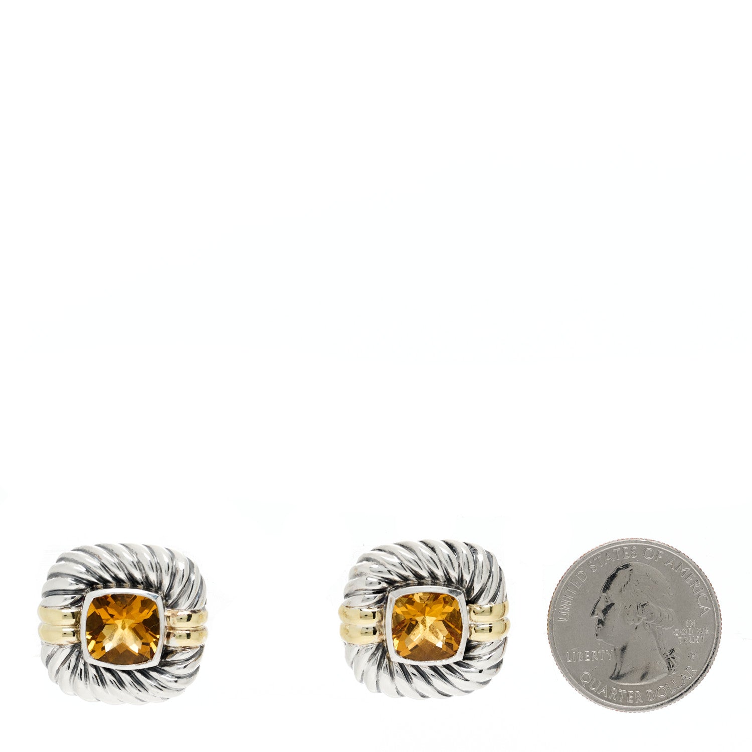David Yurman Sterling Silver 14K Yellow Gold Citrine 11mm Cable Earrings 2 of 4