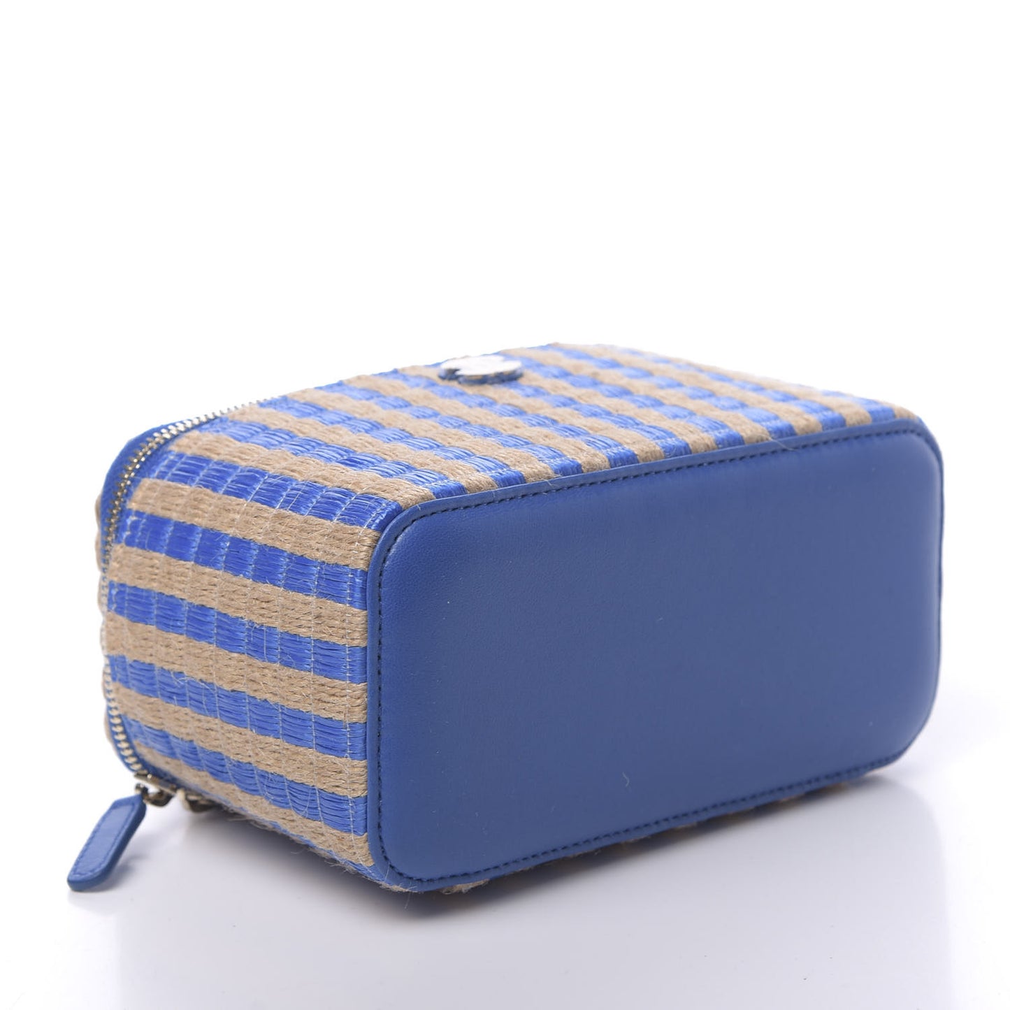 Raffia Jute Striped Small Vanity Case With Chain Blue Beige