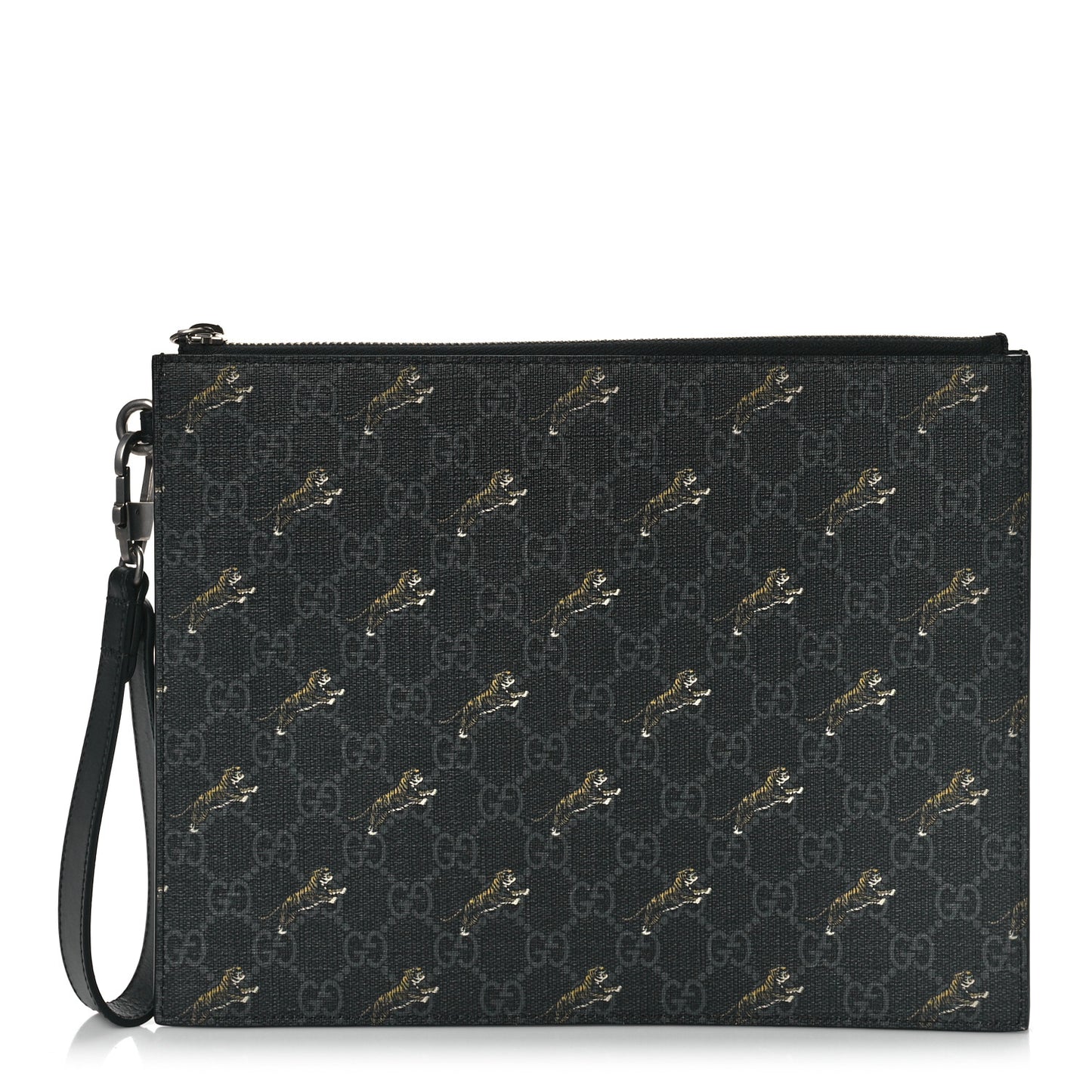 GG Supreme Monogram Tigers Zip Wristlet Pouch Black