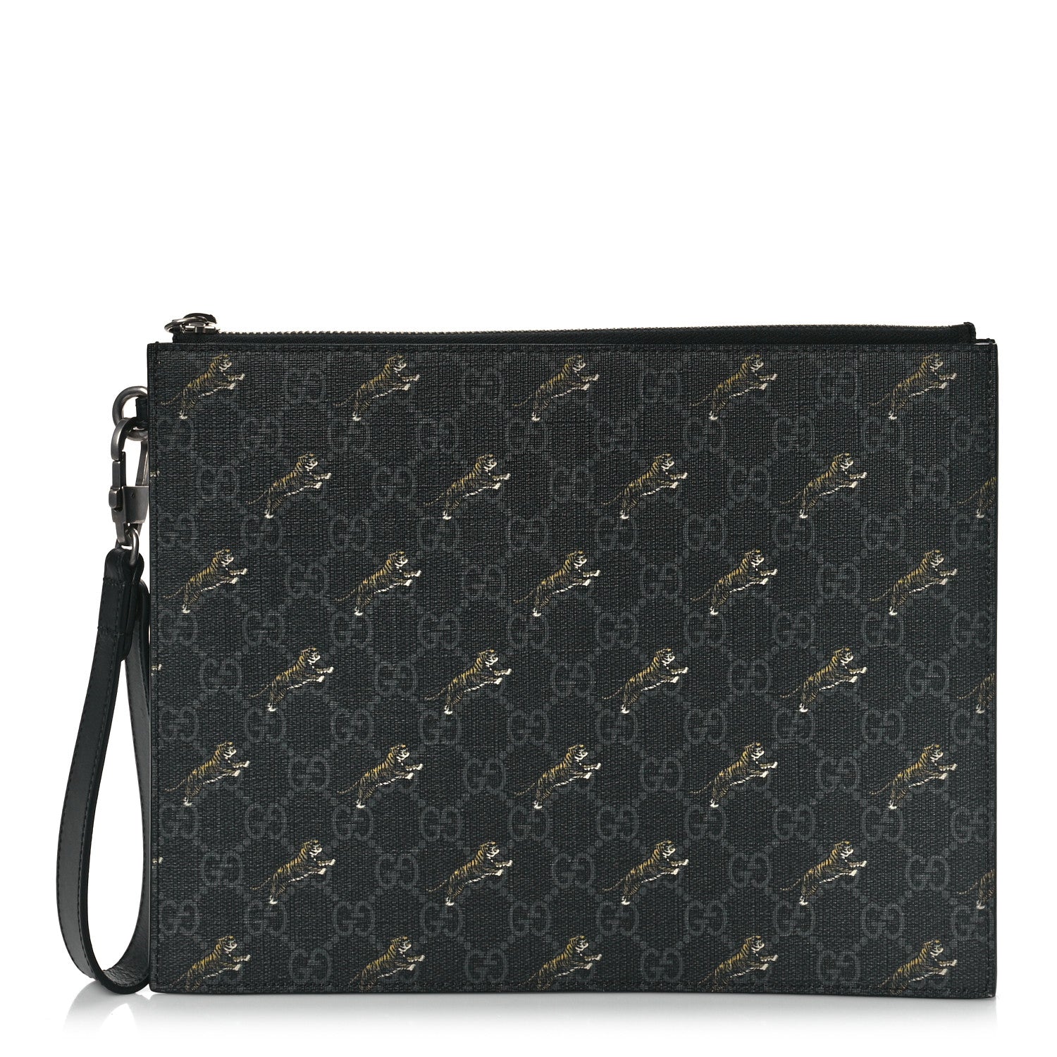 Gucci GG Supreme Monogram Tigers Zip Wristlet Pouch Black 1 of 8