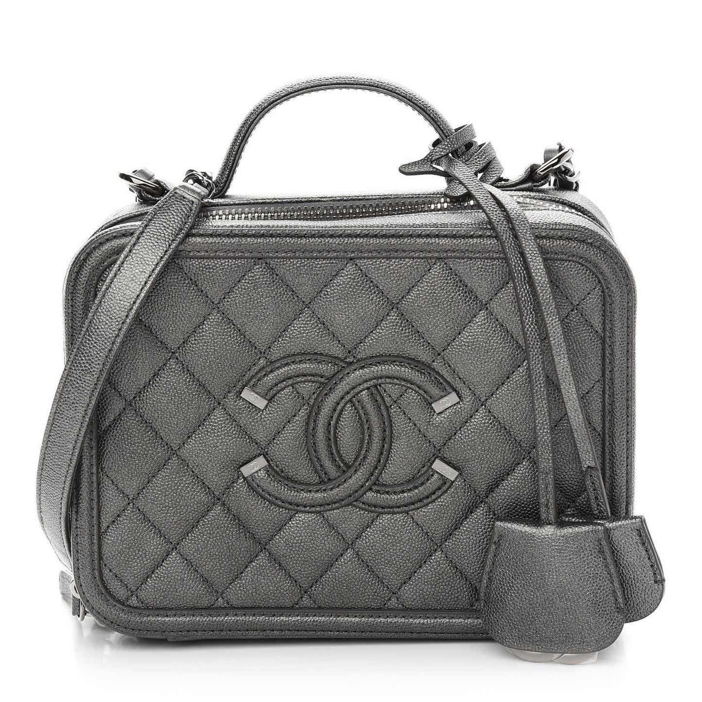 Metallic Caviar Quilted Medium CC Filigree Vanity Case Dark Silver