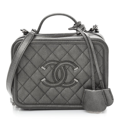 Chanel Metallic Caviar Quilted Medium CC Filigree Vanity Case Dark Silver 1 of 9