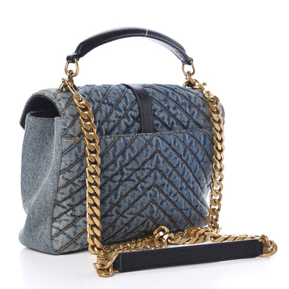 Saint Laurent Denim Matelasse Chevron Summer Embroidered Monogram Medium College Bag Blue 3 of 16
