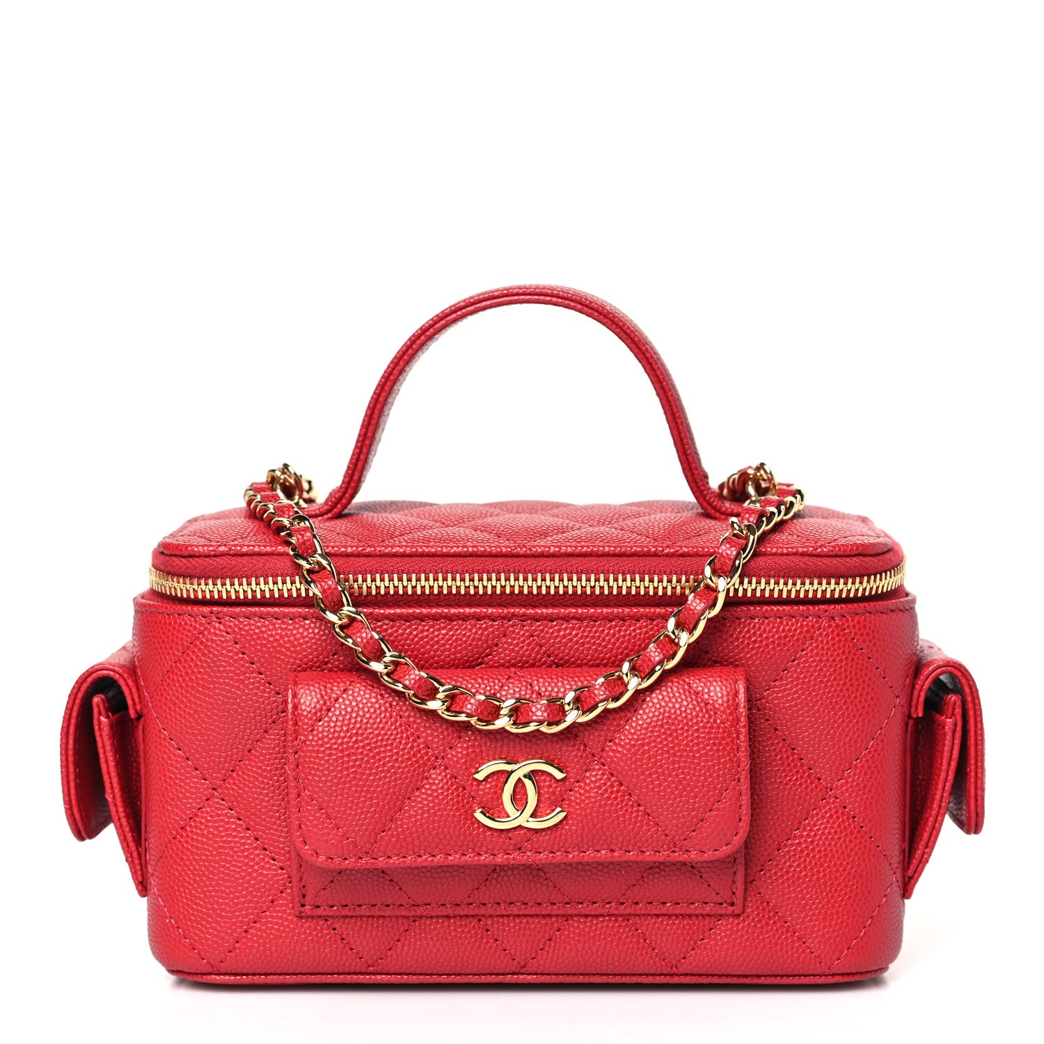 Chanel Caviar Quilted Polly Pocket East West Top Vanity With Chain Red 1 of 10