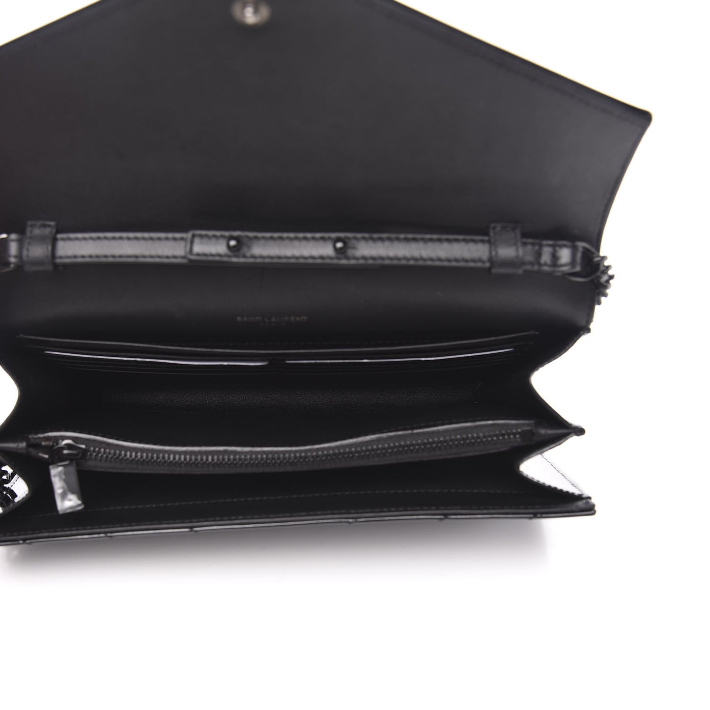 Patent Matelasse Chevron Monogram Chain Wallet Black