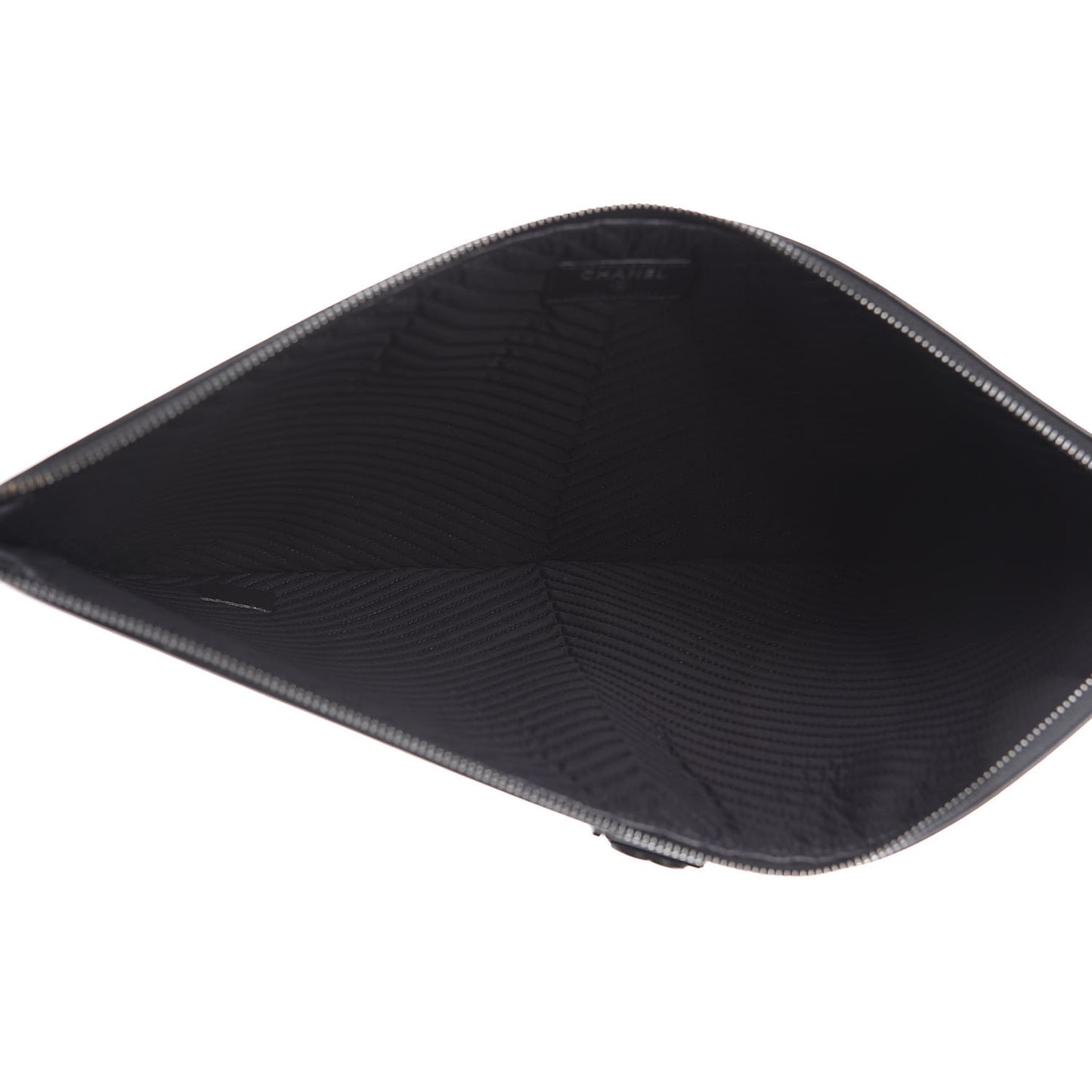 Calfskin Painted Chevron Embossed Large Boy Zip Pouch Black