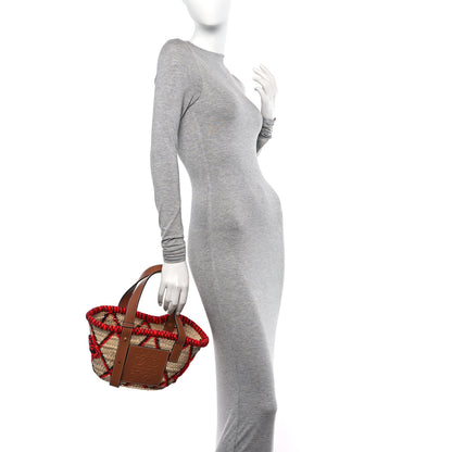 Loewe Embroidered Raffia Basket Tote Bag Natural Tan Red 2 of 9