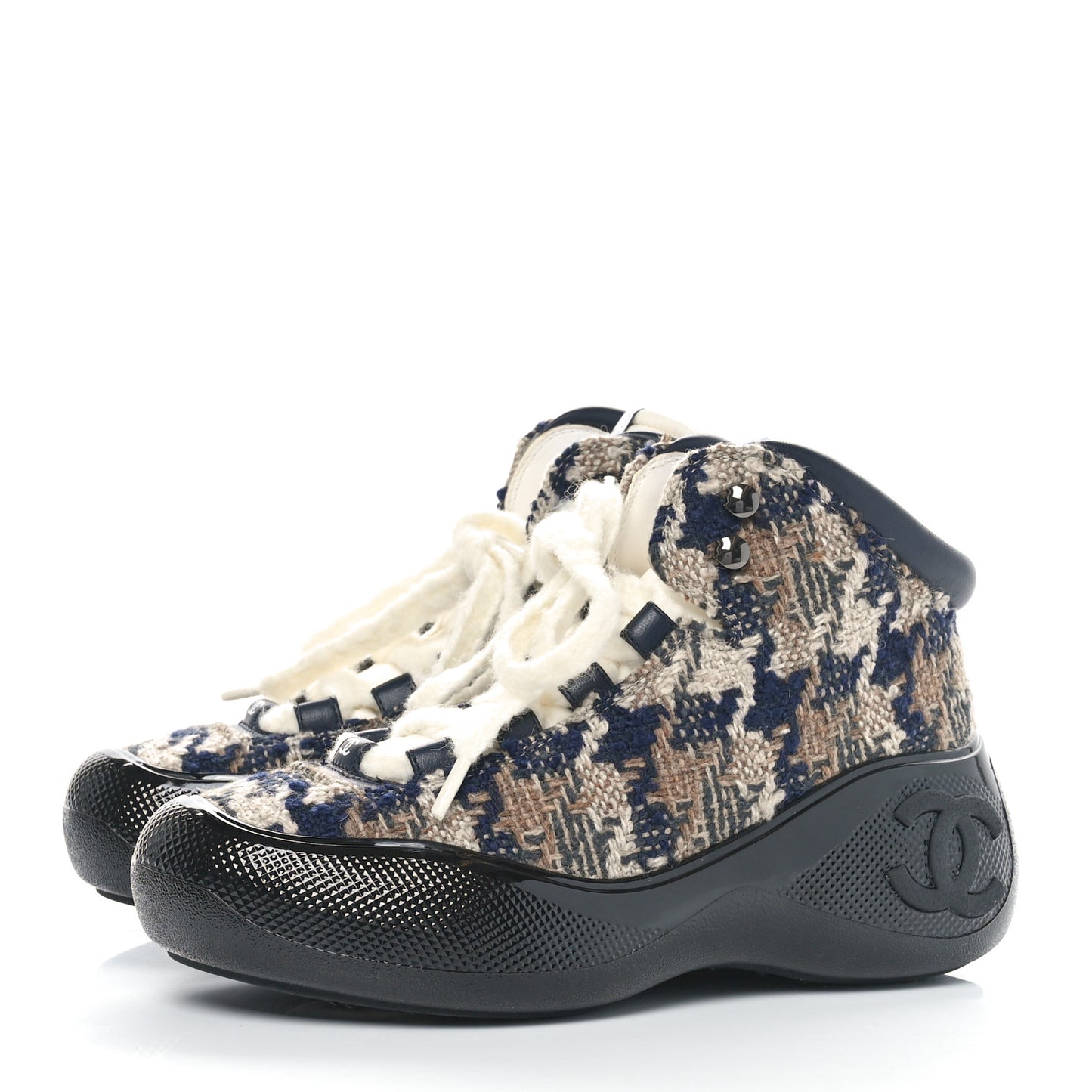 Wool Tweed Lambskin CC High Top Sneakers 38.5 Beige Brown Navy Blue Khaki